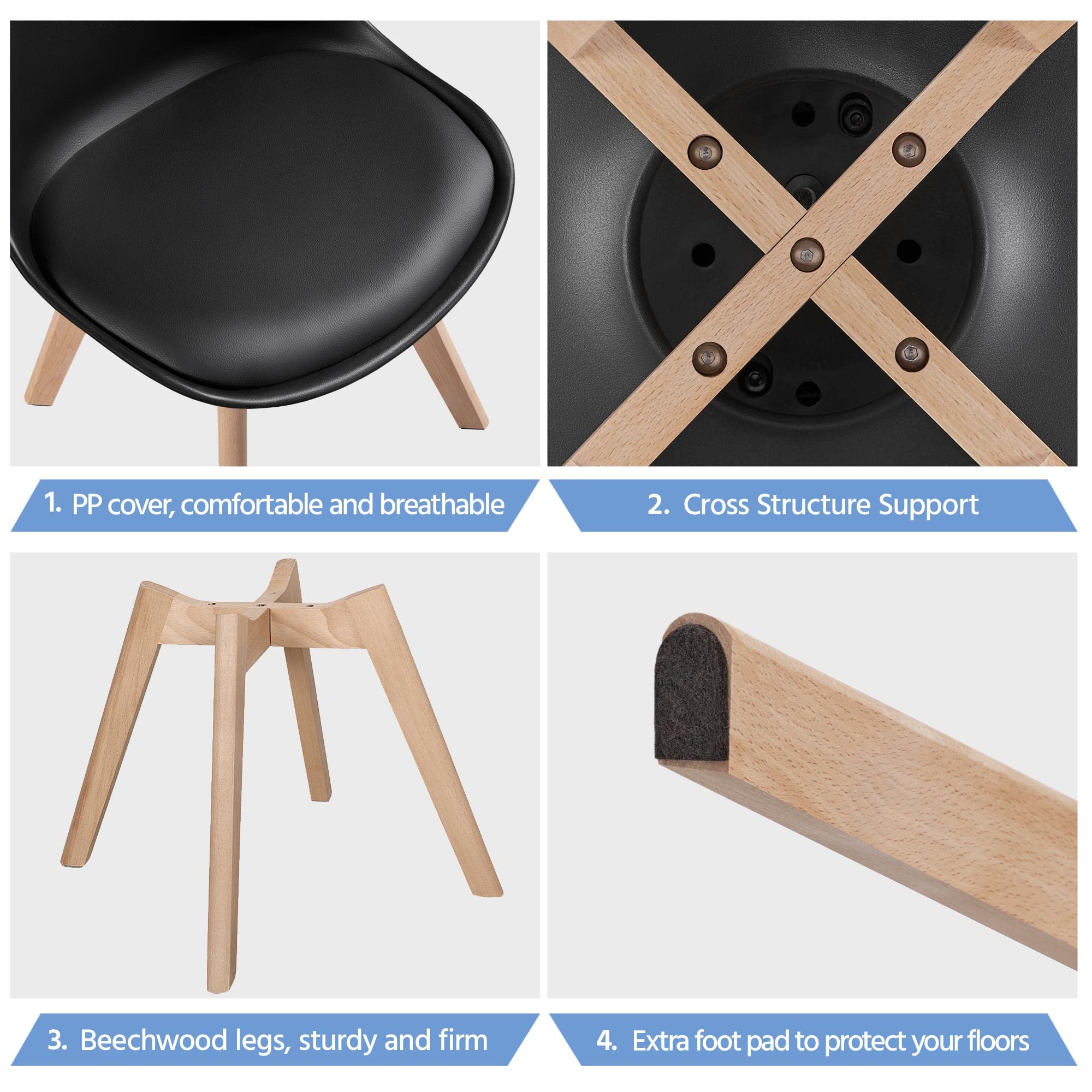Topeakmart Mid Century Modern Dining Chairs Set of 4 - Black DSW Shell Armless Chairs with Beech Wood Legs & Soft Padded Seat for Dining Room, Living Room, Bedroom or Kitchen - Comfortable & Stylish Home Furniture for Everyday Use & Entertaining
