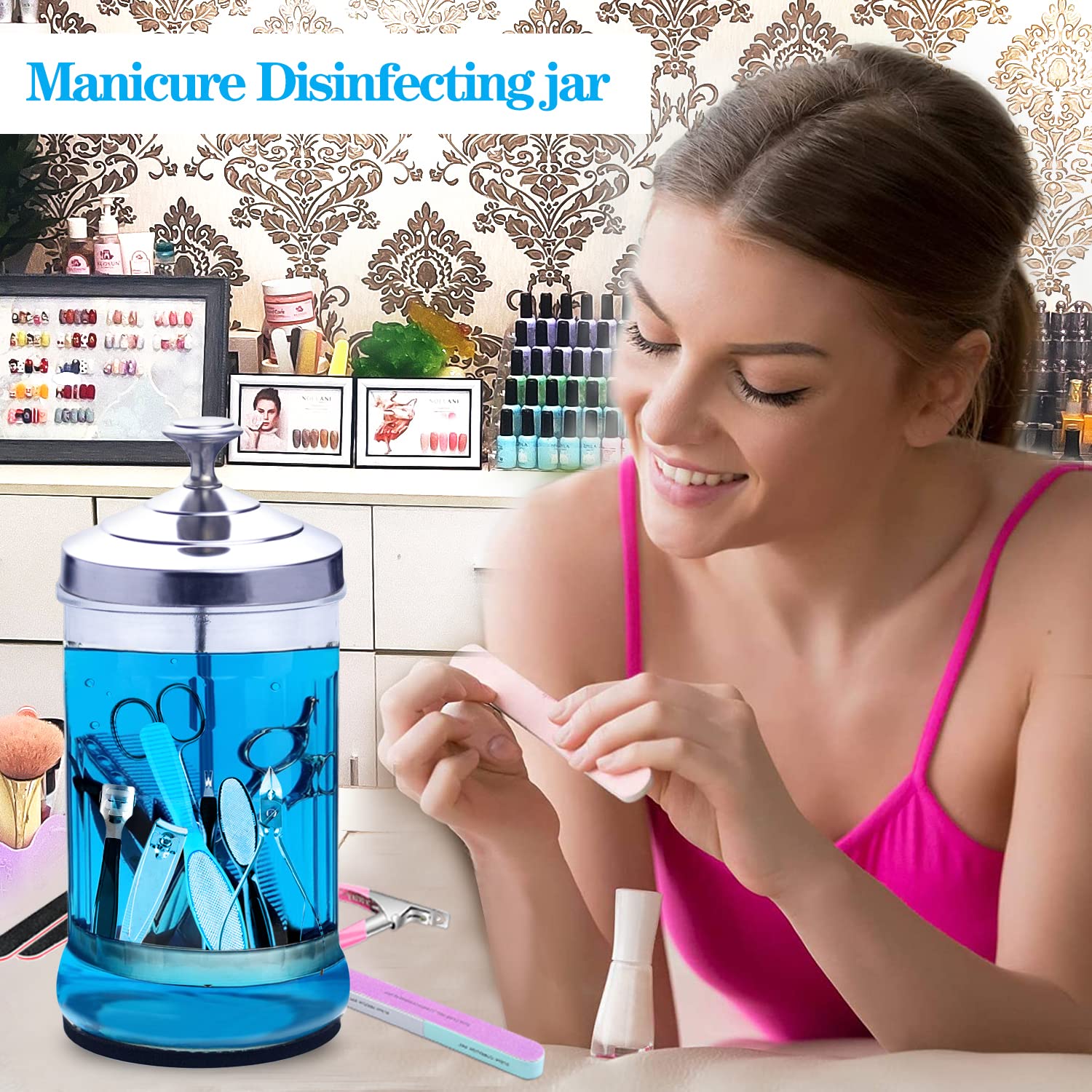 33 Oz Glass Disinfecting Jar for Manicure & Barber Tools - Small Sterilizing Container with Removable Basket - Perfect for Nail Salons, Spas & Home Use