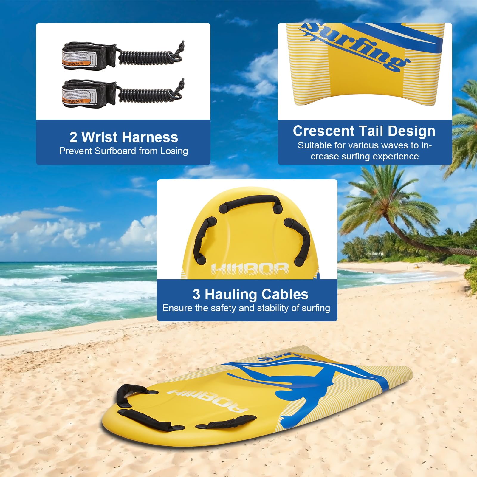 45'' Lightweight Bodyboard for Kids & Adults - EPS Core, XPE Deck, HDPE Slick Bottom with Handles & Wrist Leash - Perfect for Beach Surfing, Pool Play & Water Sports - Yellow