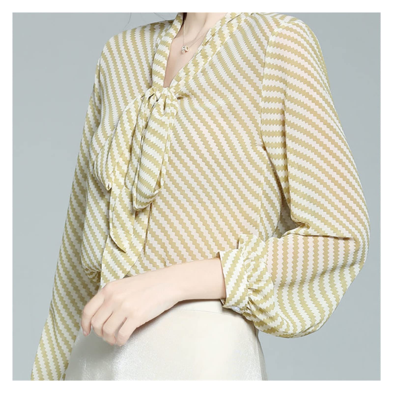 Striped V-Neck Bow Lantern Sleeve Chiffon Blouse for Women - Spring Casual Loose Oversized Pullover Shirt (Yellow, Size S) | Perfect for Office Wear, Date Nights & Spring Outfits