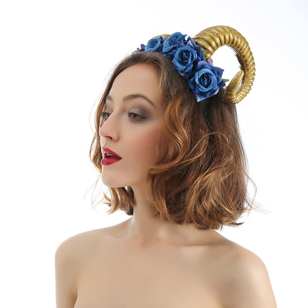 Beaupretty Blue Rose Ox Horn Headband - Halloween Cosplay Headpiece for Women, Costume Accessory for Bull Horn Headdress, Masquerade Party & Cosplay Events | Perfect for Halloween, Themed Parties & Costume Contests