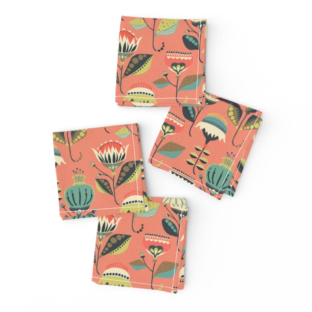 Set of 4 Coral Folk Art Floral Printed Linen Cotton Cocktail Napkins - Southwestern Boho Style Painterly Desert Flowers Design | Perfect for Parties, Weddings & Home Decor