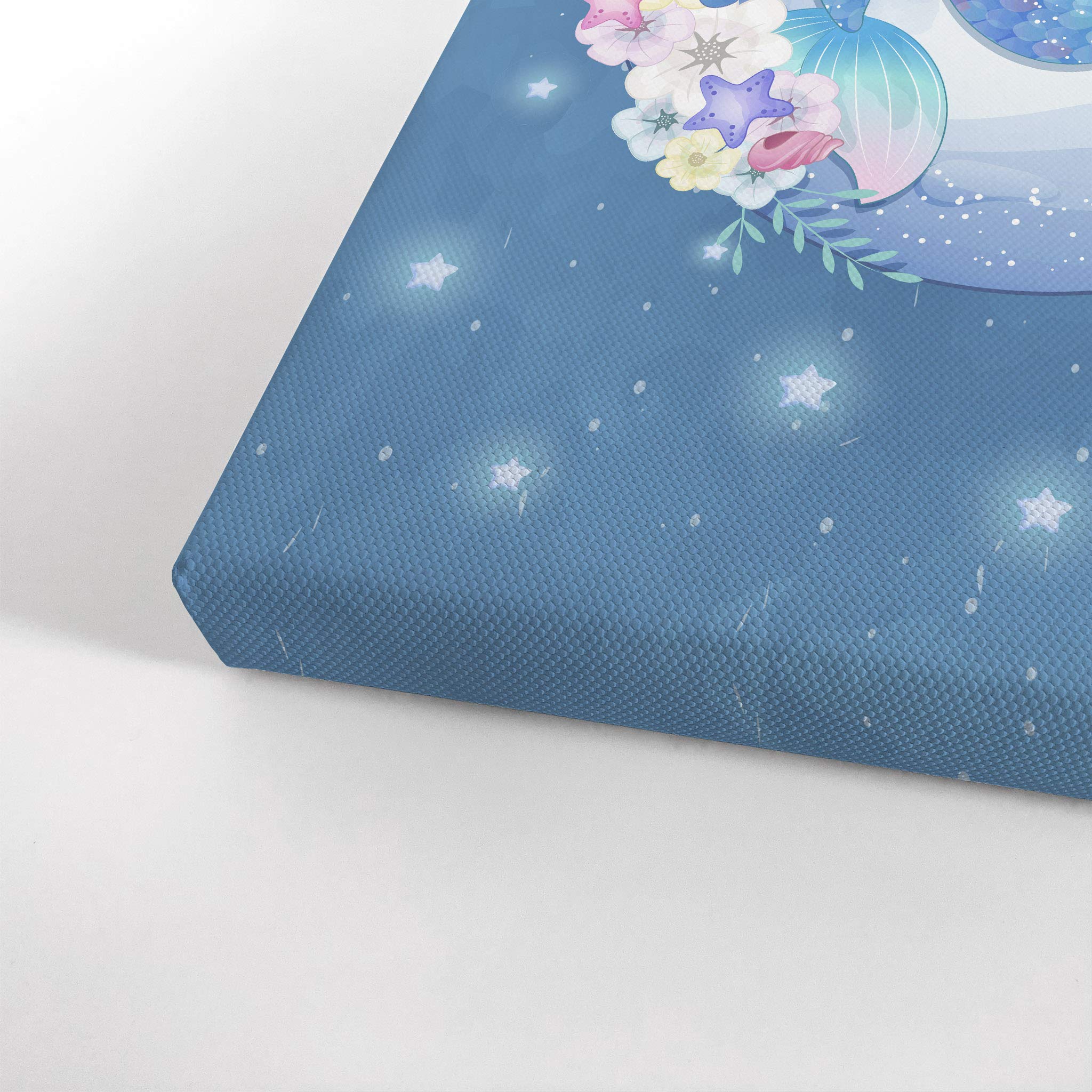 African American Mermaid Girl Sitting on Crescent Moon & Stars Night Canvas Print - Blue Haired Kid Room Nursery Wall Art, Black Baby Decor, Ready to Hang 17x11 - Perfect for Children's Bedroom, Playroom & Nursery Wall Decor