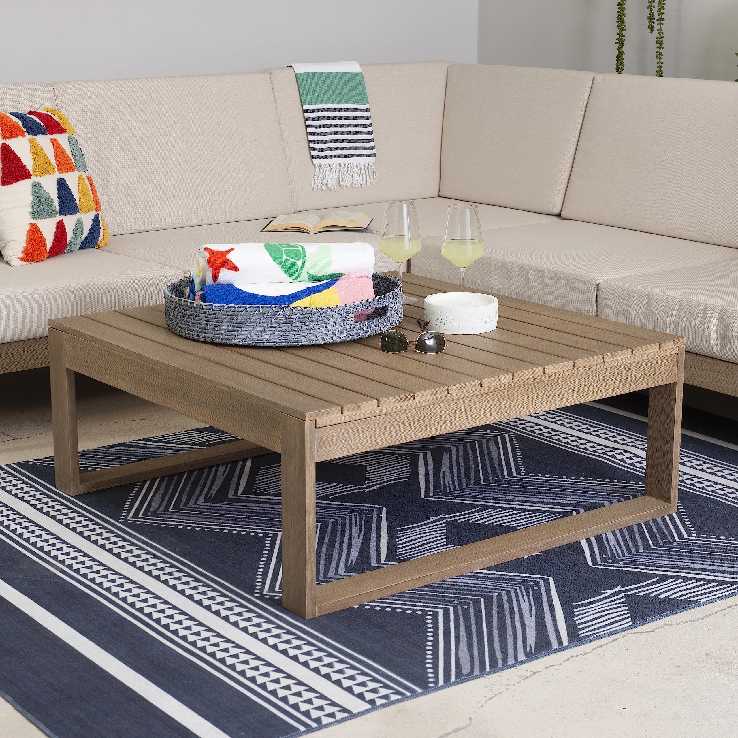 Linon Natural Silas Oversized Eucalyptus Outdoor Coffee Table - Weather-Resistant Patio Furniture for Garden, Poolside & Backyard Decor