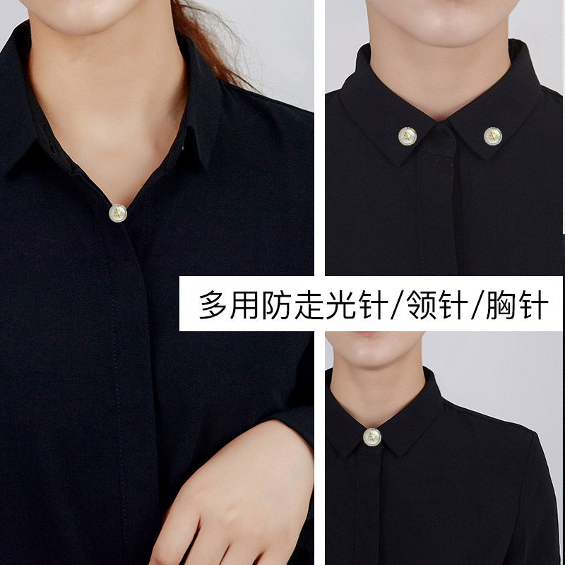 2025 Korean Fashion Summer Women's Collar Pin - Zircon & Mother of Pearl Brooch Set, Anti-Light Spiked Needle Shirt Accessories for Office, Party & Casual Outfits