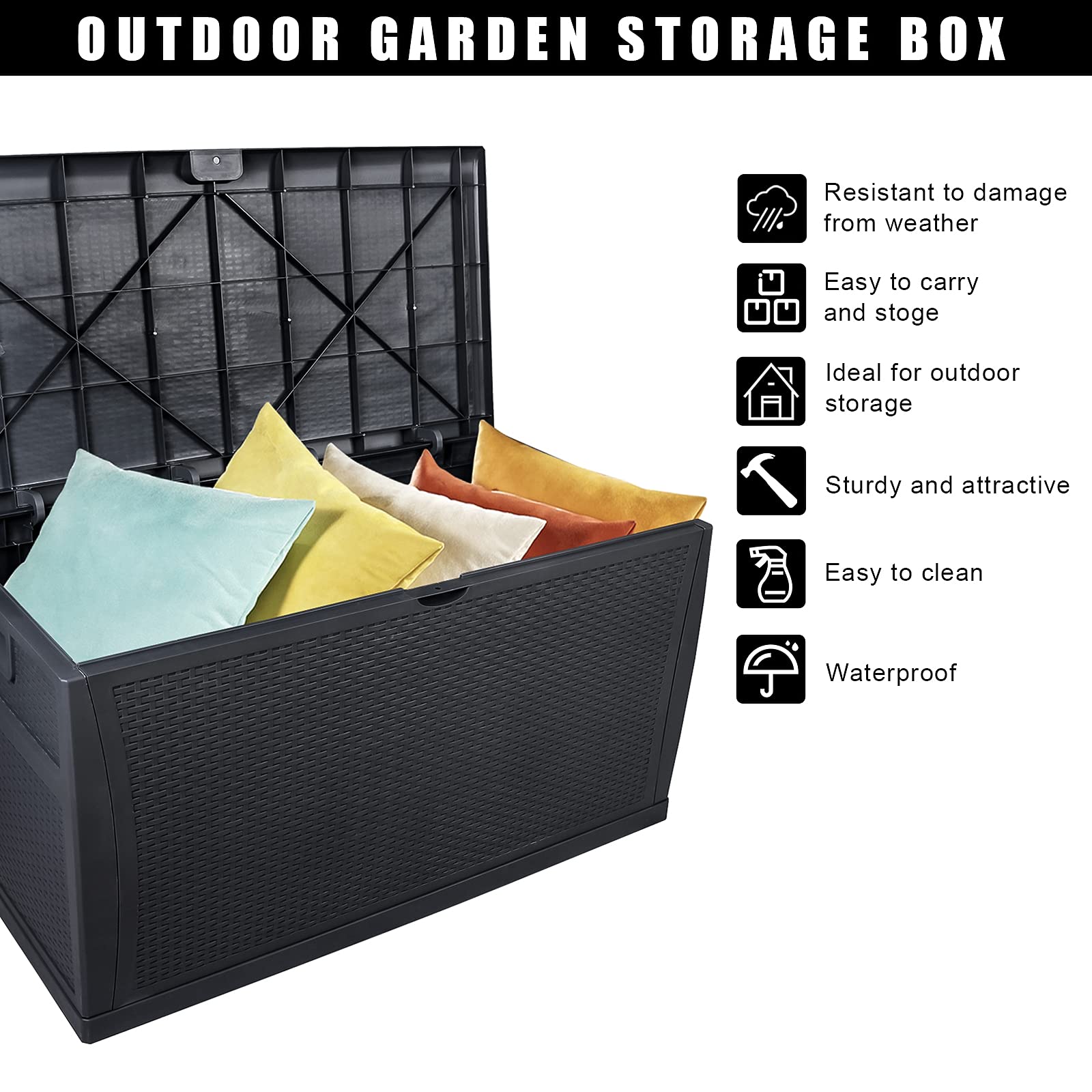 **HomVent 120 Gallon Waterproof Outdoor Storage Box - Deck Box for Patio Cushions, Furniture, Garden Tools & Pool Toys - Durable Black Storage Container for Backyard, Poolside & Garden Organization**