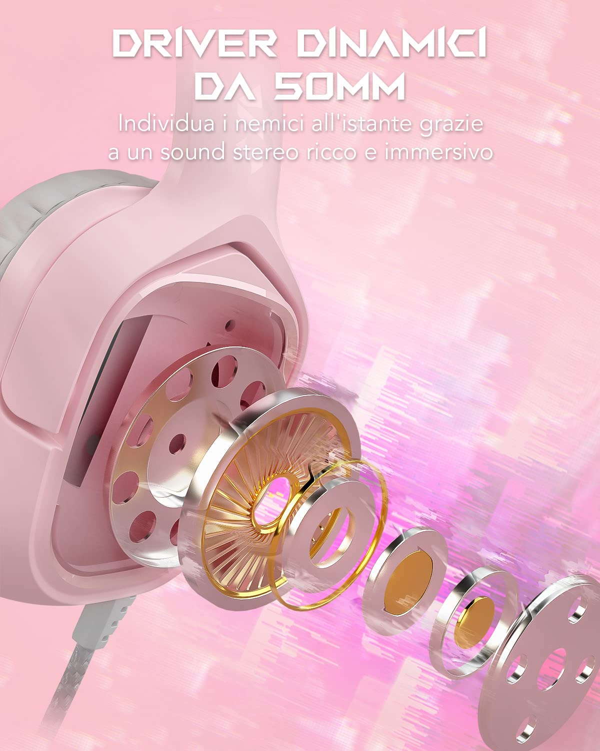 Black Shark Gaming Headset for PC, PS4, PS5, Xbox, Switch - 50mm Dynamic Drivers, Flexible Noise-Canceling Mic, Soft Ear Cushions, In-Line Controls (Pink) - Perfect for Competitive Gaming, Streaming & Online Chat