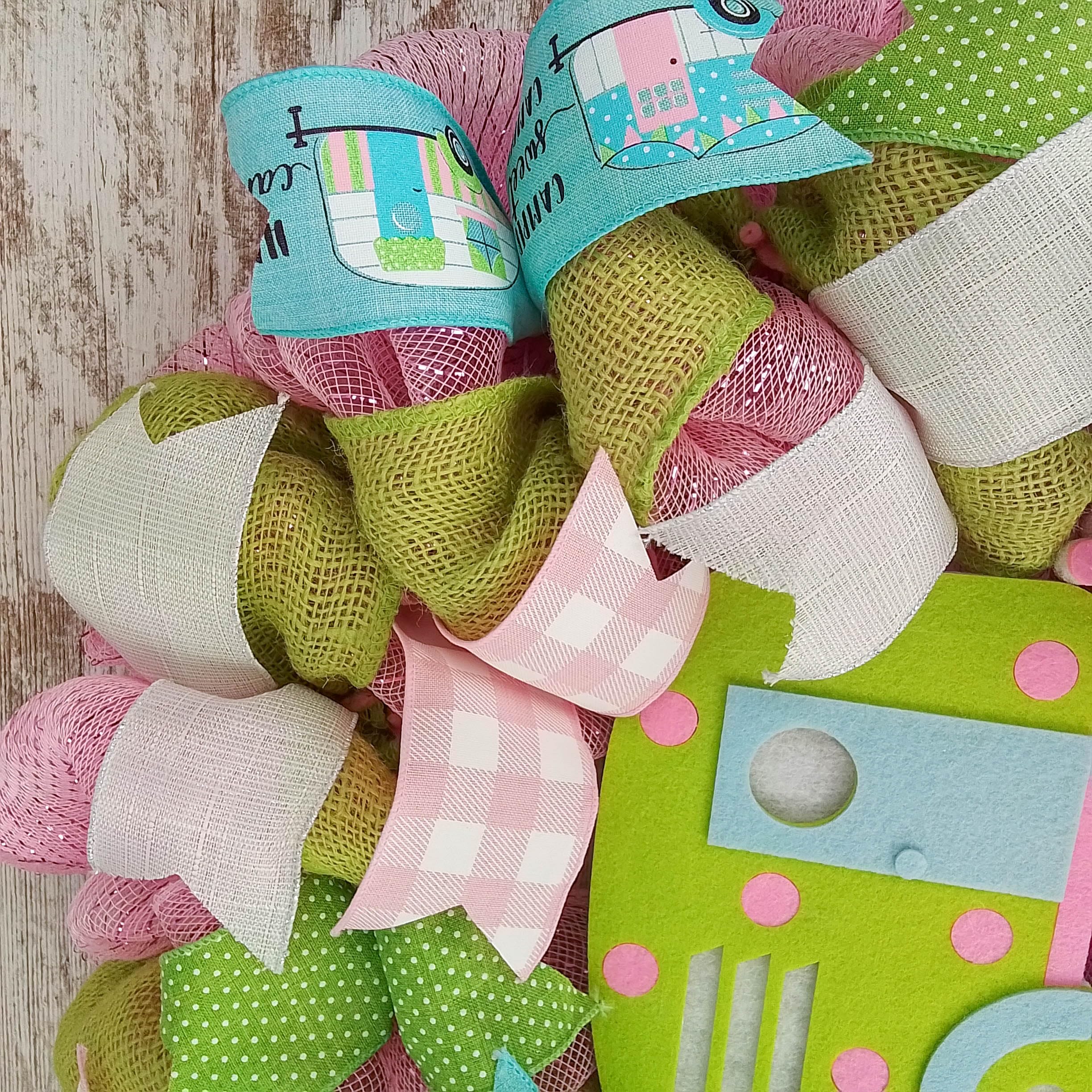 Camping Wreath - Decorative Mesh Wreath for Spring & Summer - Pink, Turquoise & Lime Green - Perfect for RV, Cabin & Outdoor Welcome Decor