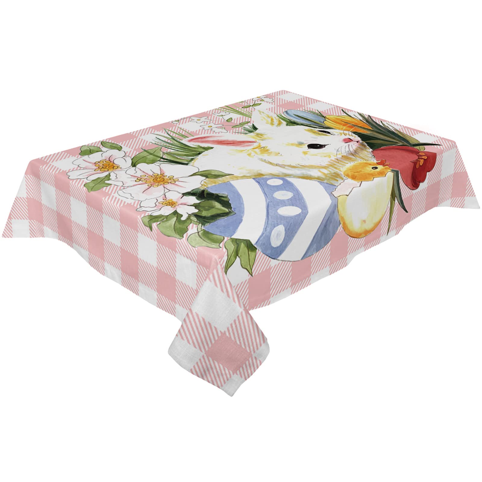Waterproof & Stainproof Easter Tablecloth - Rectangle Washable Wrinkle-Free Table Cover with Bunny, Egg & Floral Design for Dining, Party, Wedding Decor (Pink Plaid Watercolor) - Perfect for Spring Celebrations & Holiday Gatherings