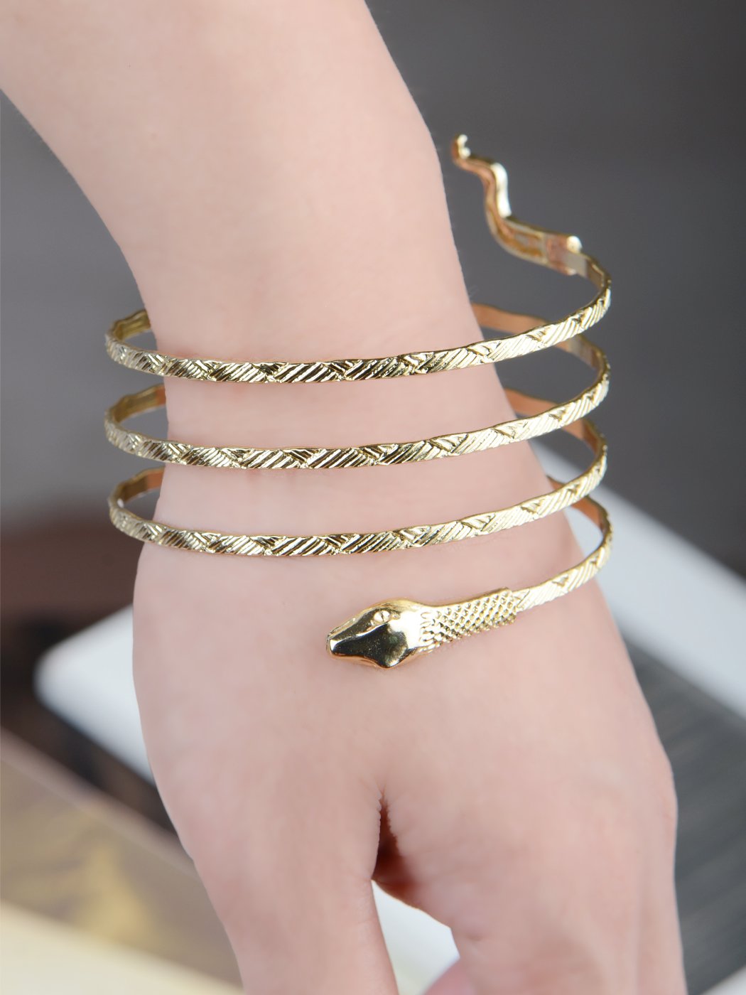 Alilang Gold Tone Egyptian Spiral Snake Wrap Around Arm Cuff Coil Bangle Bracelet - Vintage Boho Jewelry for Women, Perfect for Festival, Party & Everyday Wear