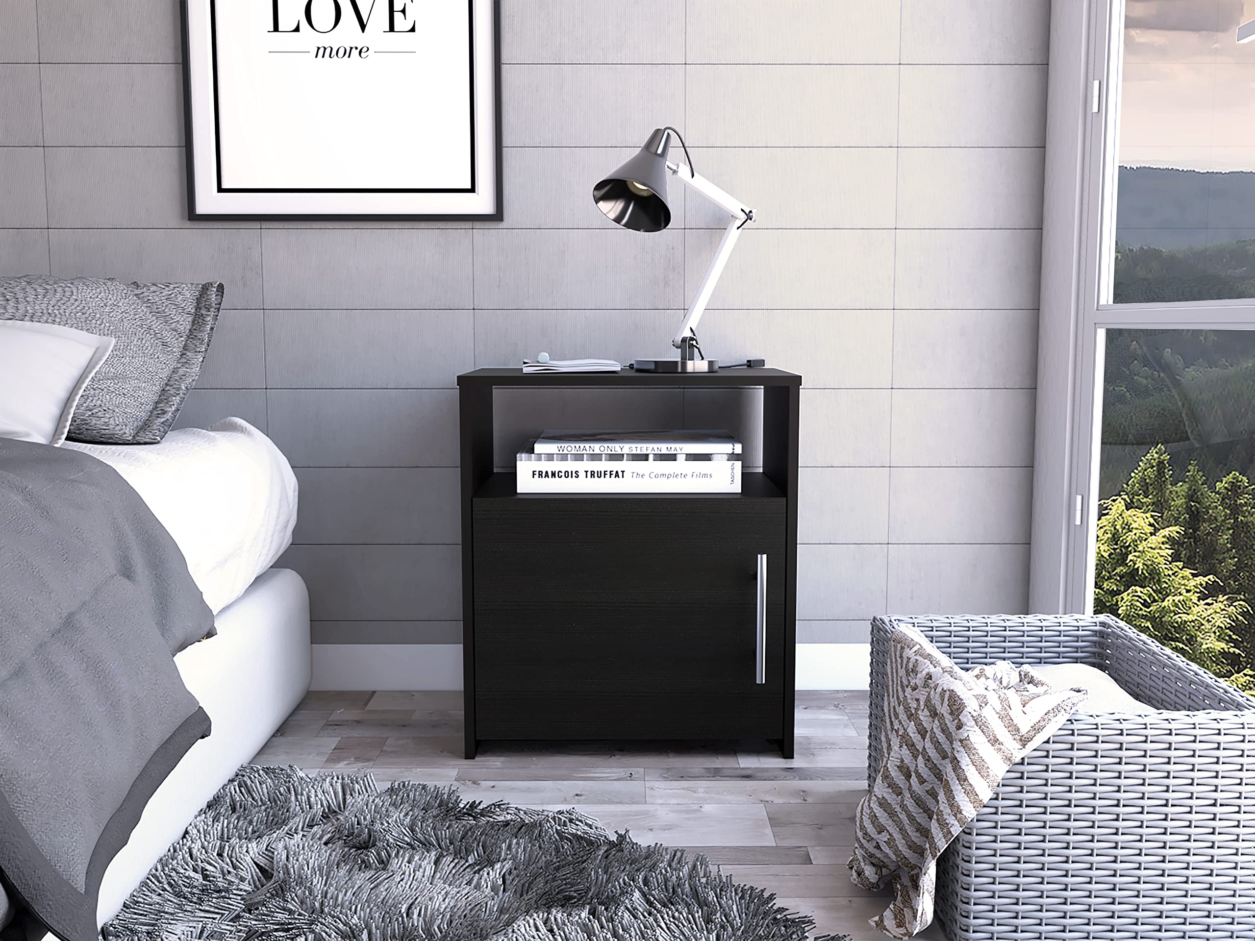 Tuhome Nordico Nightstand with Shelf - Single Door Cabinet with Metal Handles, Black - Modern Bedside Table for Bedroom, Living Room, or Office Storage