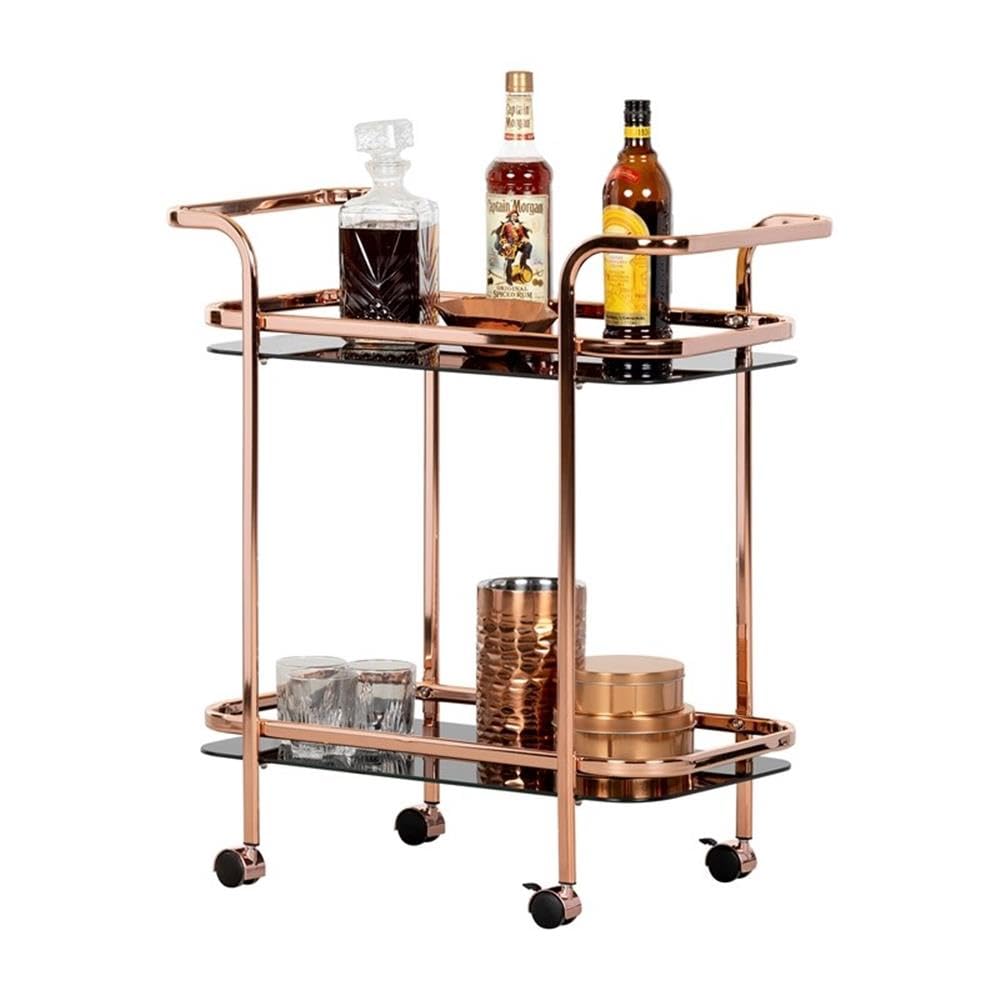 South Shore Maliza Bar Cart with Rose Gold Frame & Smoked Glass Shelves - Stylish Rolling Drink Cart for Home Bar, Kitchen, or Party Serving - Perfect for Wine, Cocktails, and Entertaining