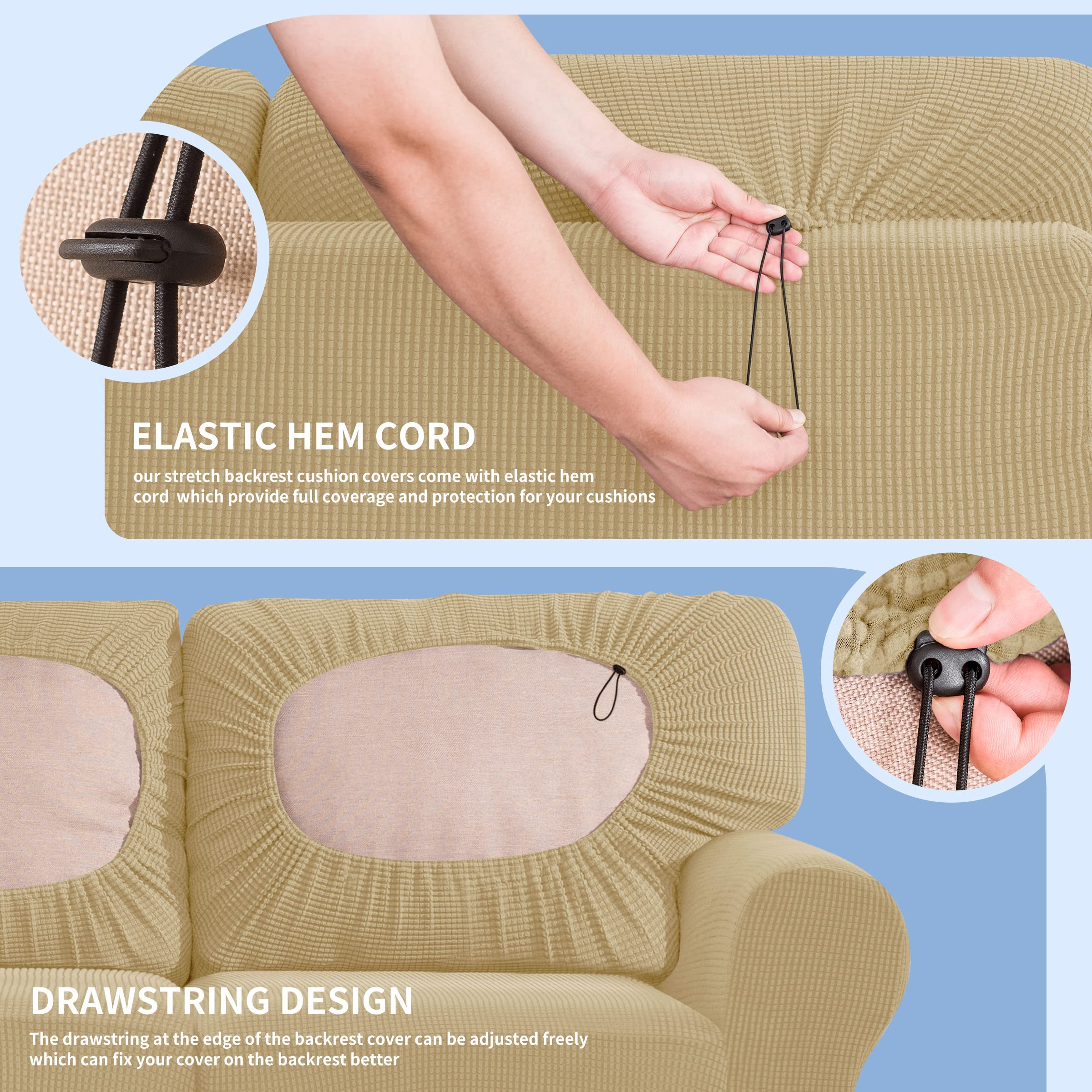 SUBRTEX 5-Piece Loveseat Cover & 7-Piece Sofa Cover Set - Stretchable Couch Slipcovers with Separate Backrest & Cushion Covers - Khaki Living Room Furniture Protector for Medium & Large Couches - Perfect for Home Decor, Pet Protection, and Daily Use