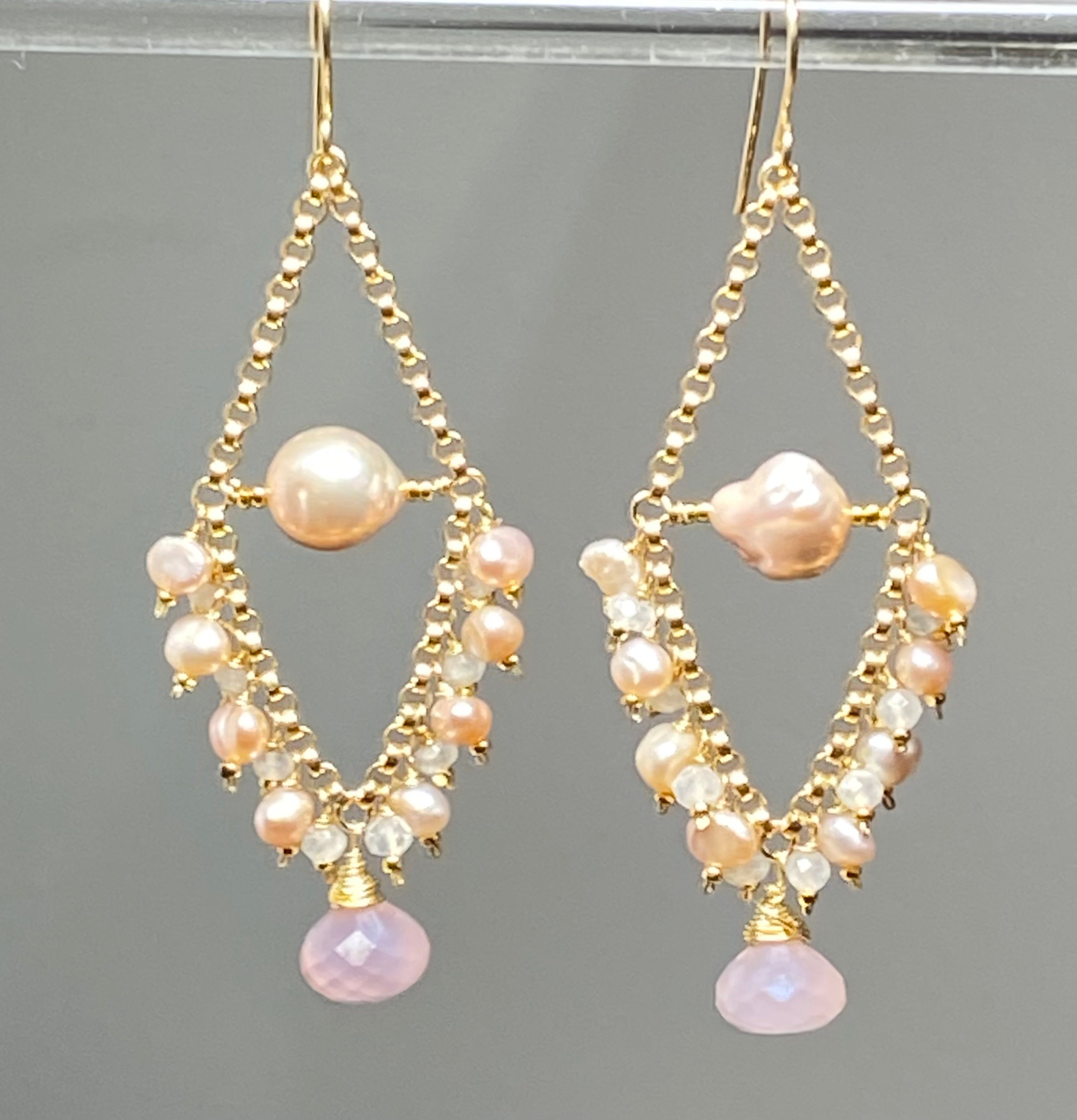 Elegant Pink Pearl & Moonstone Chandelier Earrings for Women | Vintage Boho Wedding Jewelry | Perfect for Bridal, Party & Evening Occasions