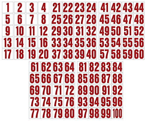 2 Inch Consecutive Number Decals 1-100 - Red on White Stickers for Organization, Labeling & Inventory Management