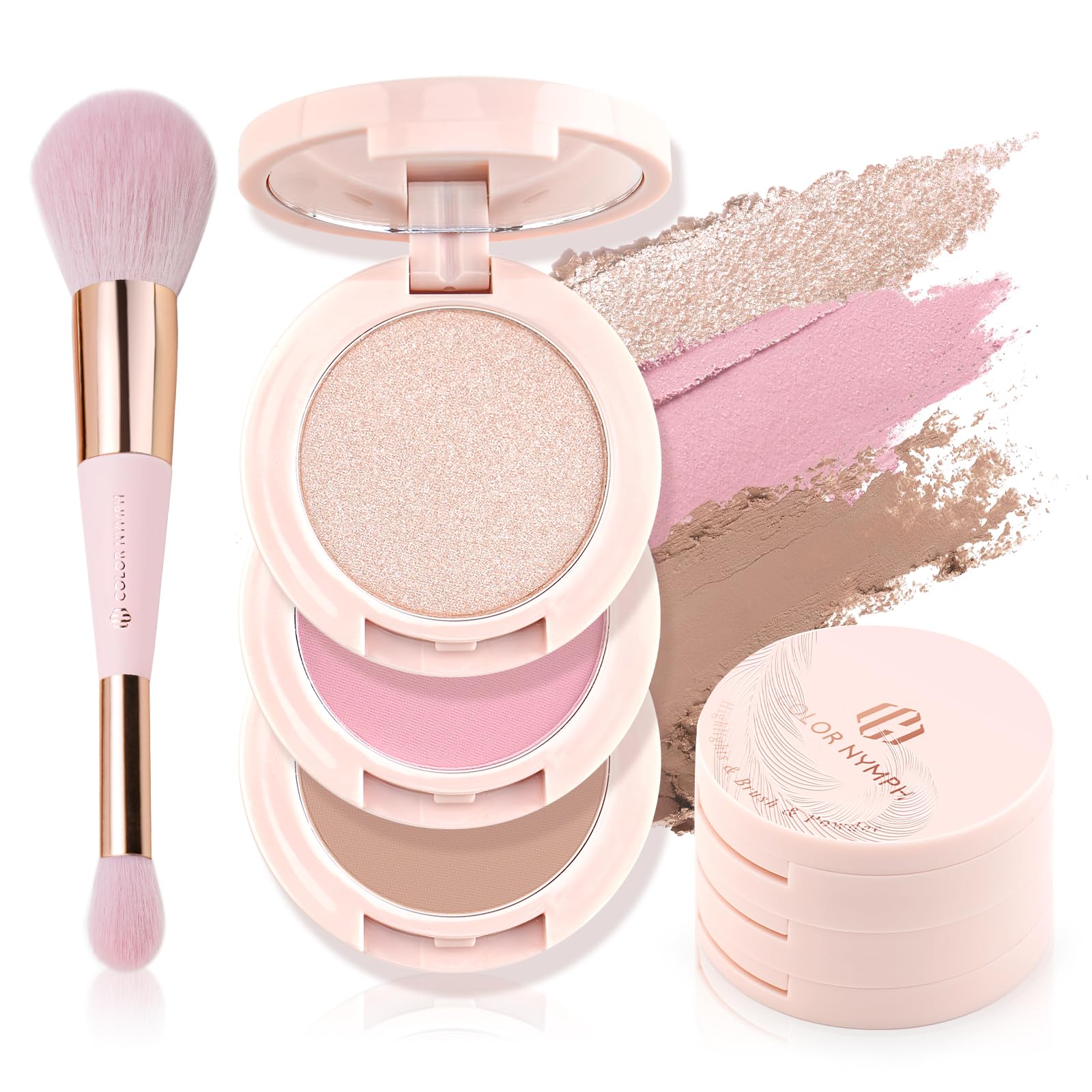 3-in-1 Color Nymph Contour Blush Highlighter Makeup Palette - Travel Size Compact with Brush & Mirror - Stackable Design (Pink) | Perfect for On-the-Go Touchups & Professional Makeup Looks
