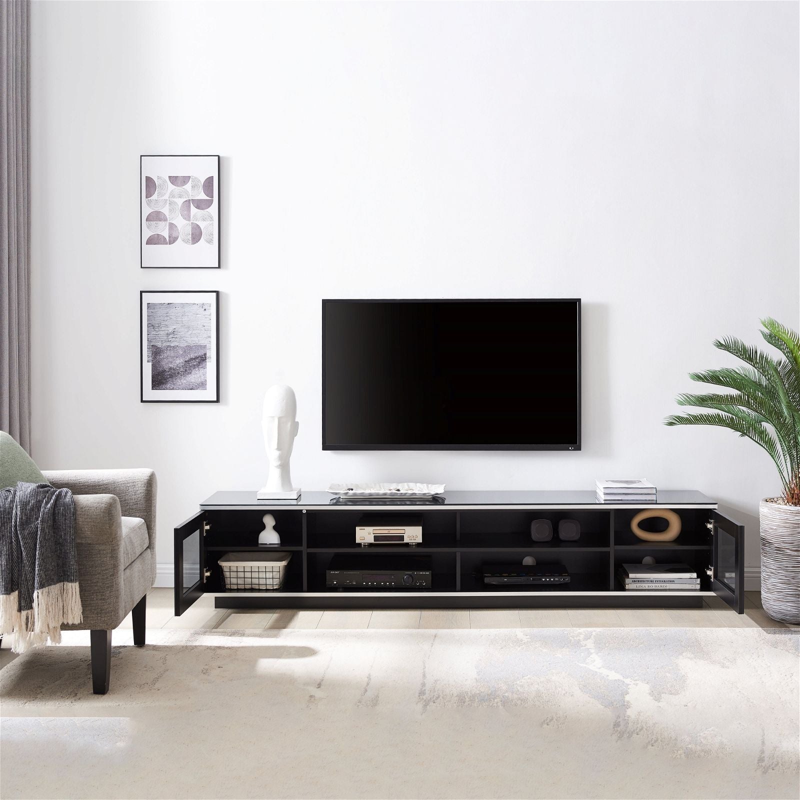 Tauris Diablo 210cm Black TV Stand with Tempered Glass - Modern Entertainment Center for Living Room, Home Theater & Gaming Setup