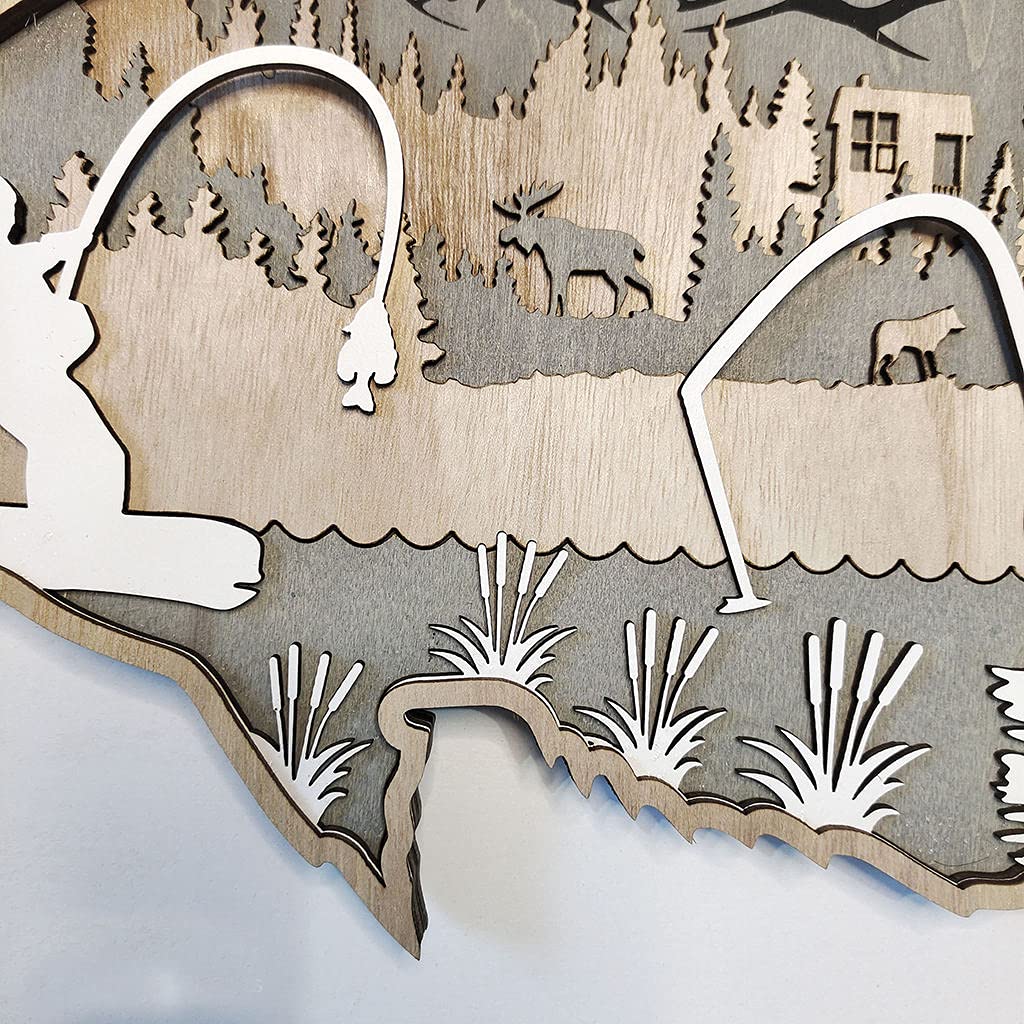Fenteer Hand Carved Wooden Wall Sculpture - Fishing & Hunting Forest Theme Rustic Home Decor for Cabin, Lodge, or Country House | Perfect for Living Room, Bedroom, or Office Wall Art