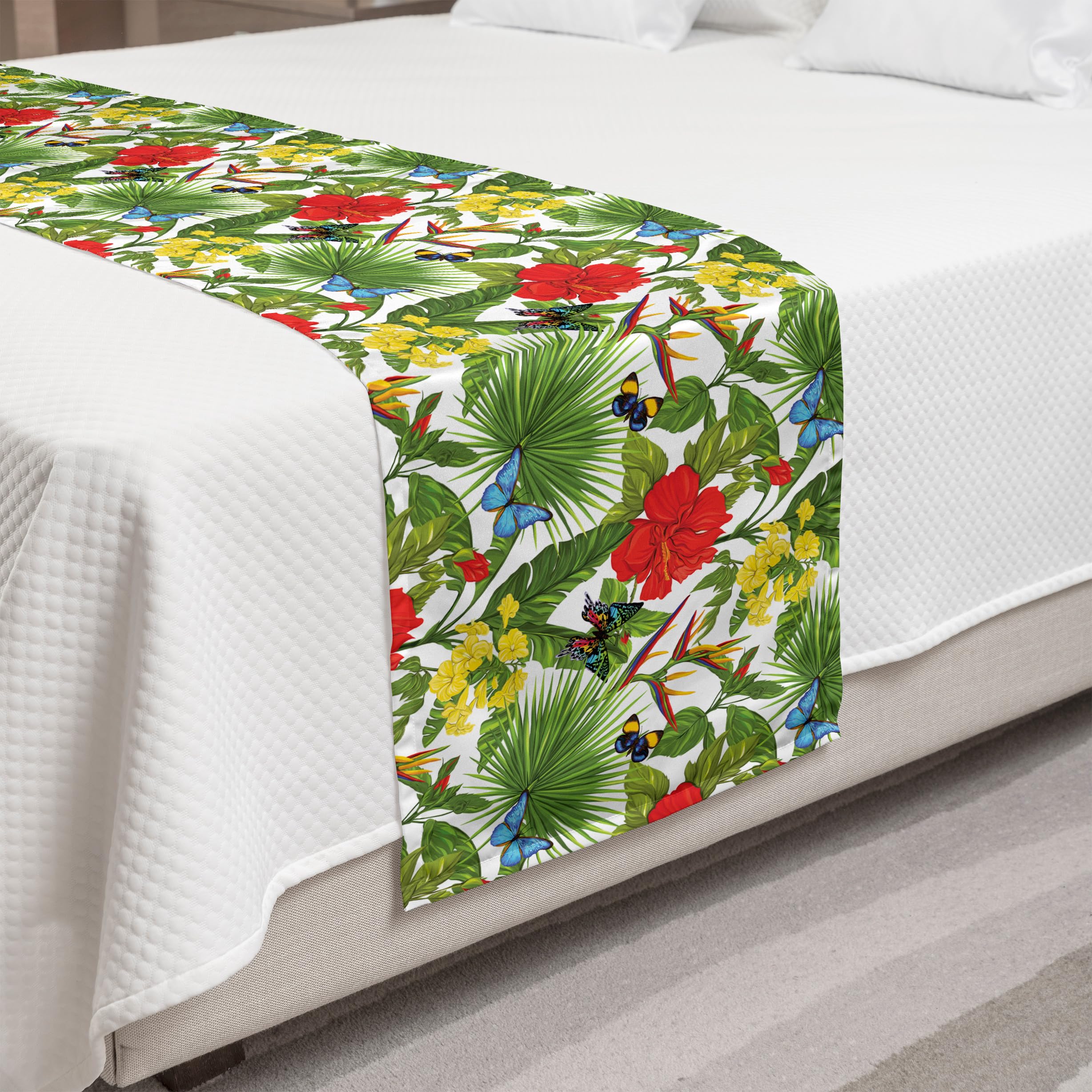 Ambesonne Exotic Bed Runner - Colorful Butterflies, Hibiscus Flowers & Tropical Leaves Pattern | Decorative Bed Scarf for Hotels, Homes & Guest Rooms in Olive Green & Multicolor | Perfect for Bohemian & Coastal Bedroom Decor