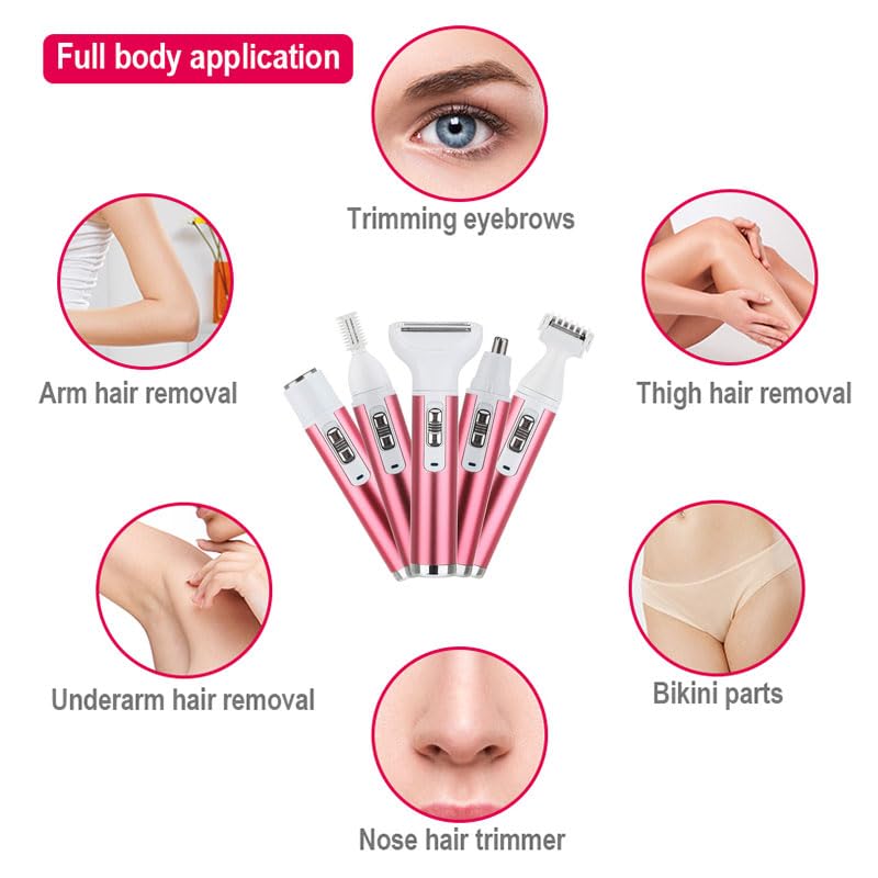 5-in-1 Women's Electric Shaver - Wet & Dry Facial Hair Remover for Face, Nose, Legs & Bikini Area (Gray) | Painless Hair Removal for Smooth Skin at Home or Travel