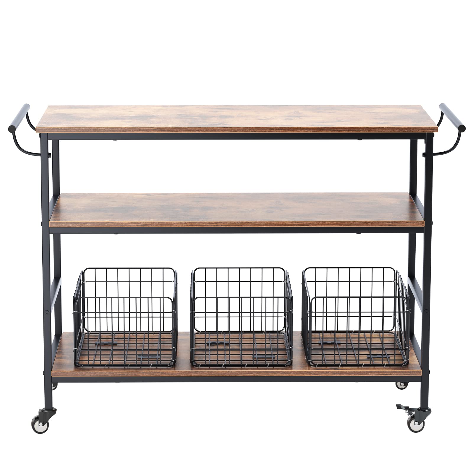 Soges 3-Tier Rolling Kitchen Island Cart with Wheels - 45.3 Inch Mobile Bar Cart with 3 Removable Baskets, Brake Casters & Towel Rack - Perfect for Kitchen Storage, Serving, and Entertaining