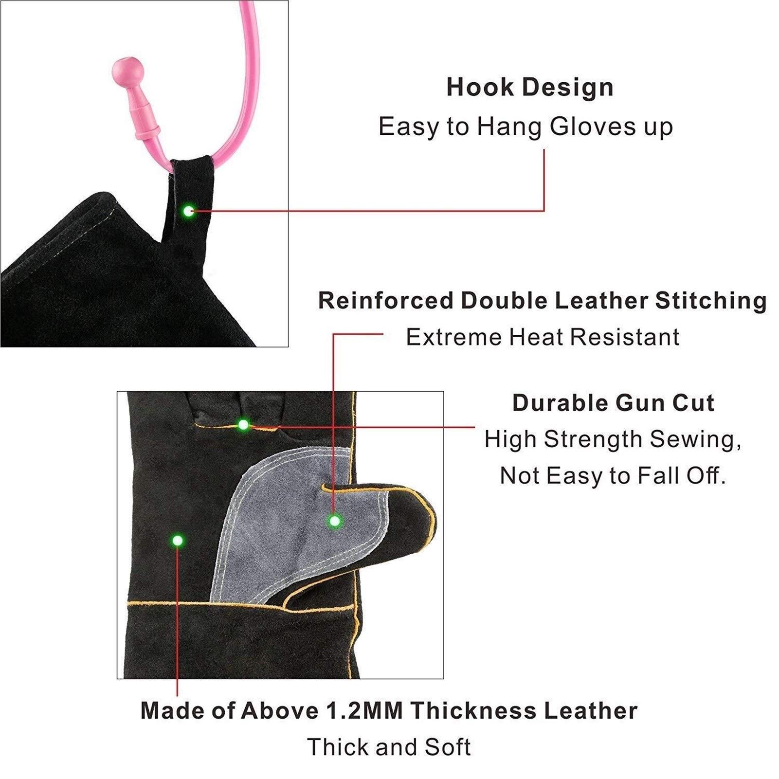 Heat & Fire Resistant Leather Gloves - 14 Inch Black Welding Gloves for Fireplace, Stove, Oven, Grill, BBQ & Animal Handling - Heavy Duty Thermal Protection for Cooking, Welding & Outdoor Activities