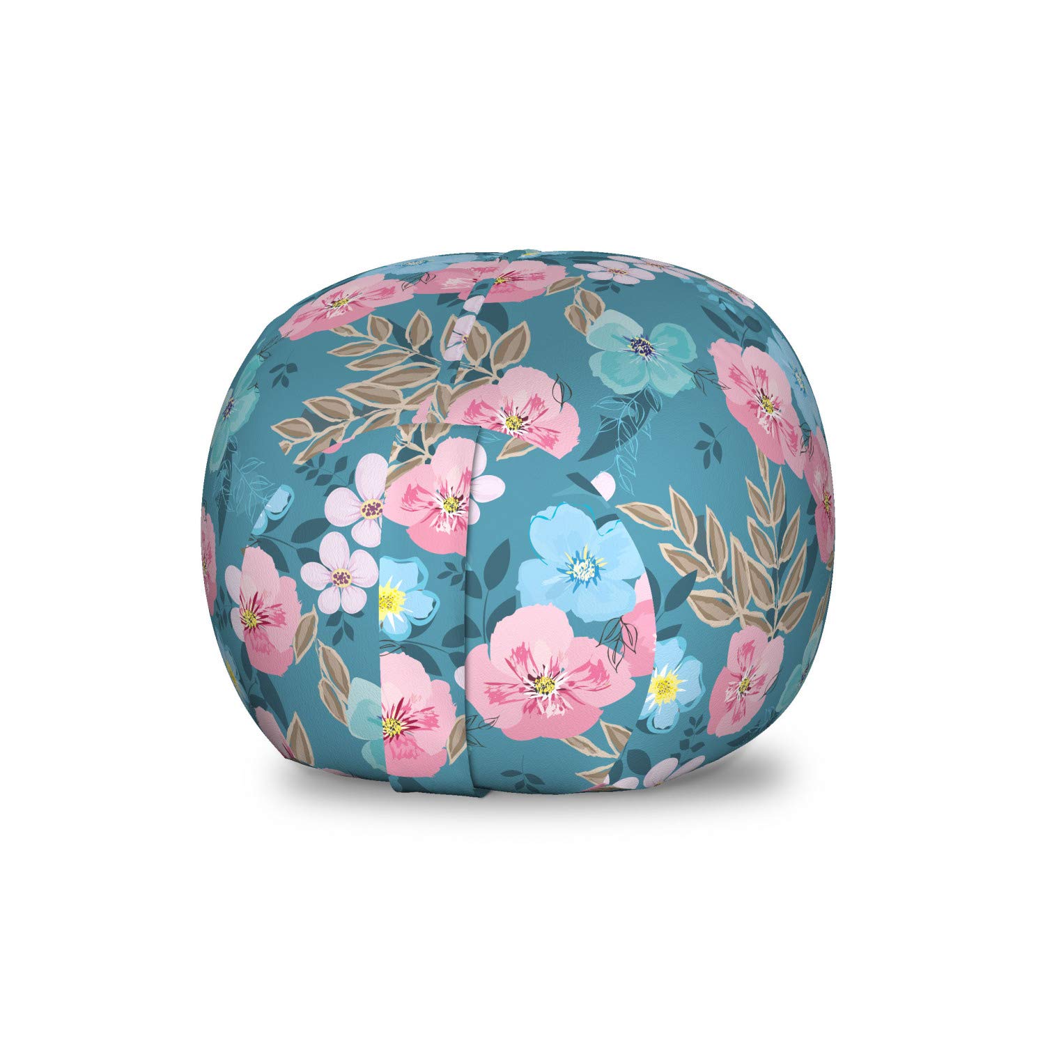 Ambesonne Floral Storage Toy Bag Chair - Watercolor Flower & Leaf Design, Washable Stuffed Animal Organizer, Small Size in Sea Blue & Pale Pink - Perfect for Kids' Room, Nursery, or Playroom Organization