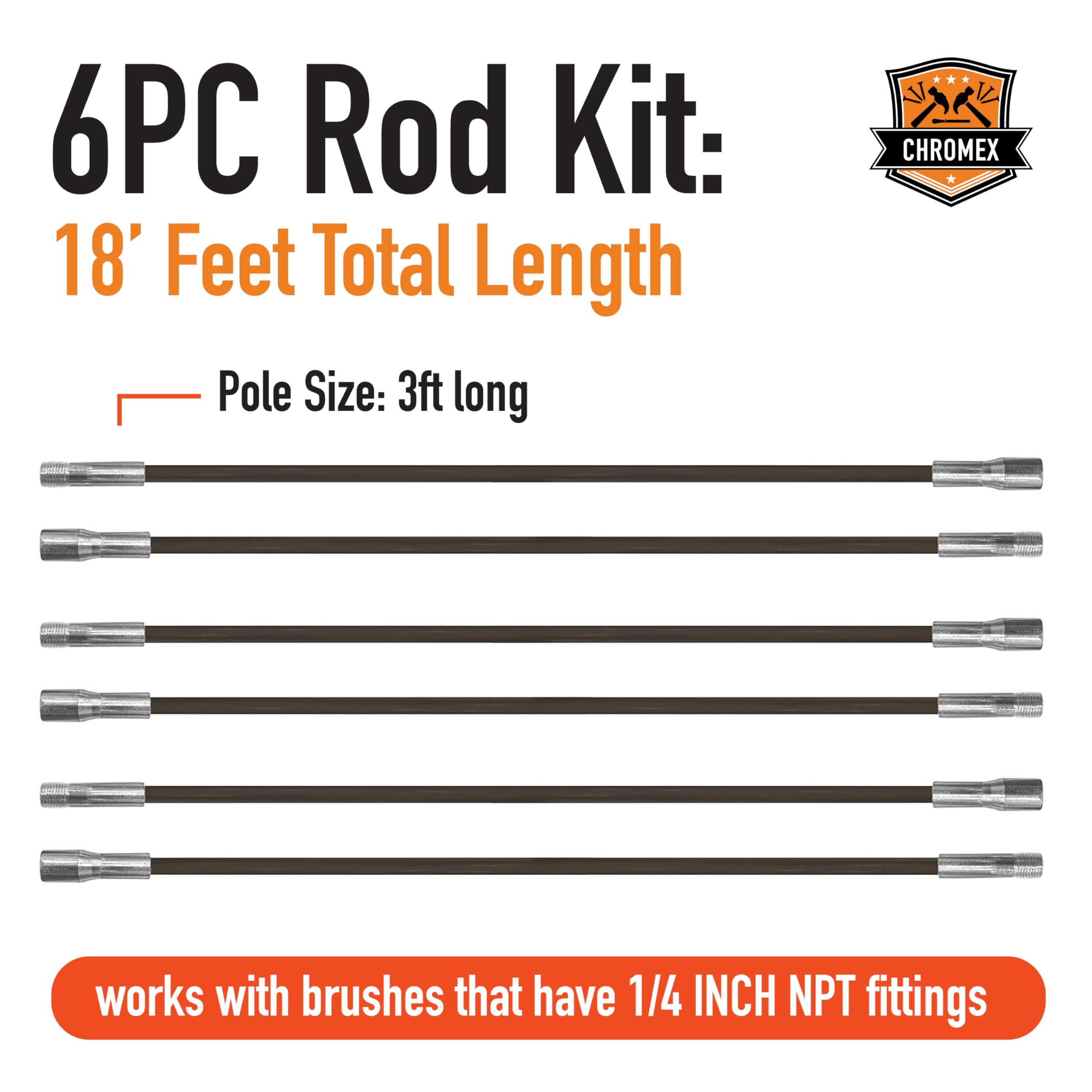 18ft Chimney Cleaning Kit - 6x3ft Fiberglass Rods & 6in Poly Brush for Fireplace Maintenance