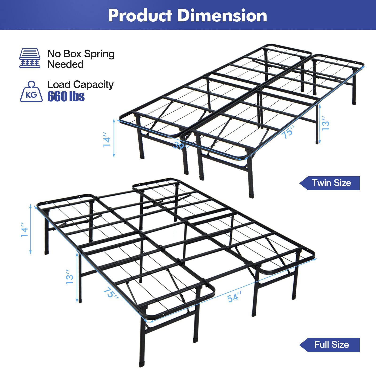 Giantex Folding Bed Frame - Twin/Full Size Portable Platform Bed with 660 LBS Capacity, No Box Spring Needed, Easy Tool-Free Assembly for Kids, Teens & Adults - Perfect for Guest Rooms, Dorms, Camping & Temporary Sleeping Solutions
