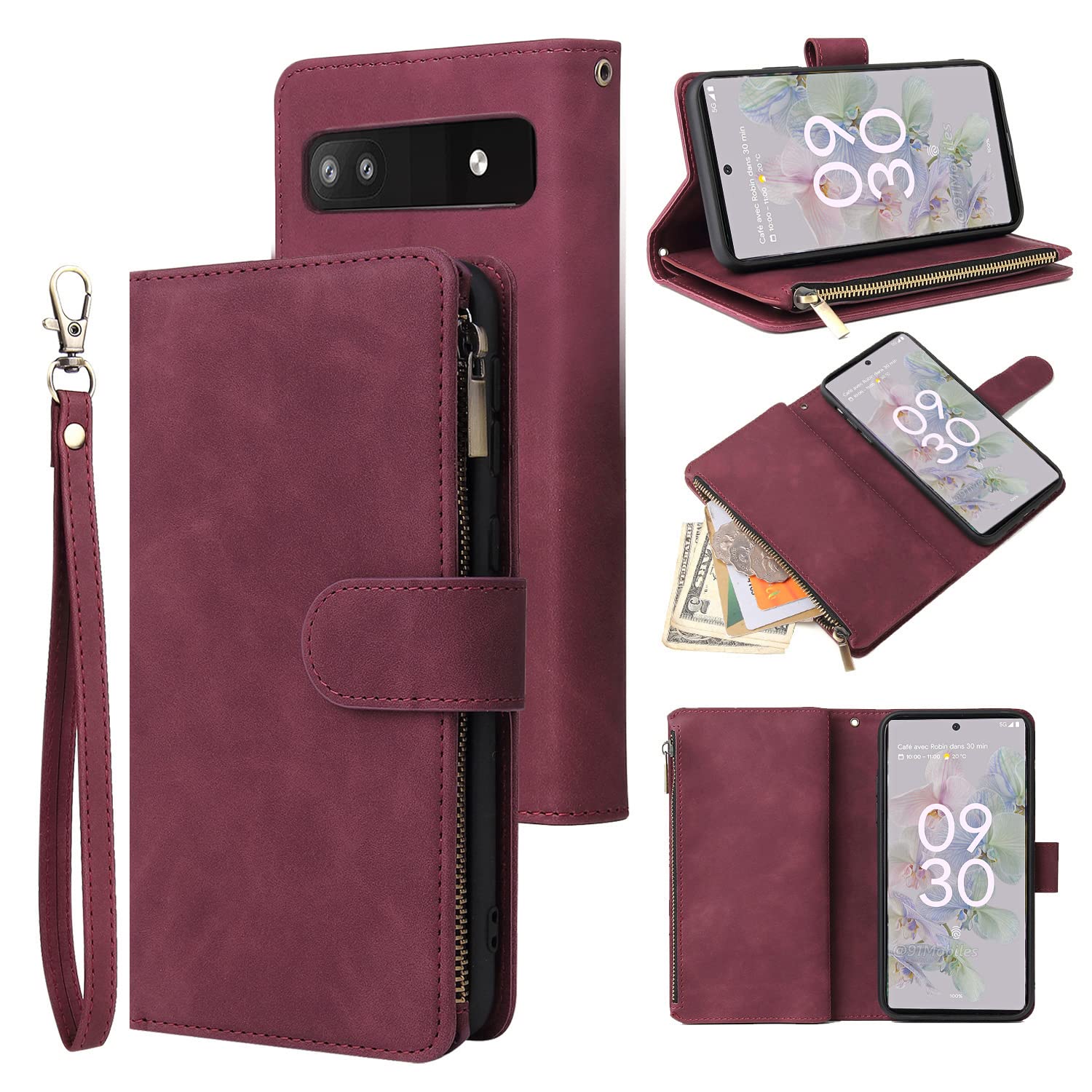 Google Pixel 6A Magnetic Leather Wallet Case - Flip Cover with 6 Card Slots, Hand Strap & Zipper Pocket | Shockproof Stand Case for Women & Men | Perfect for Work, Travel & Daily Use (Red)