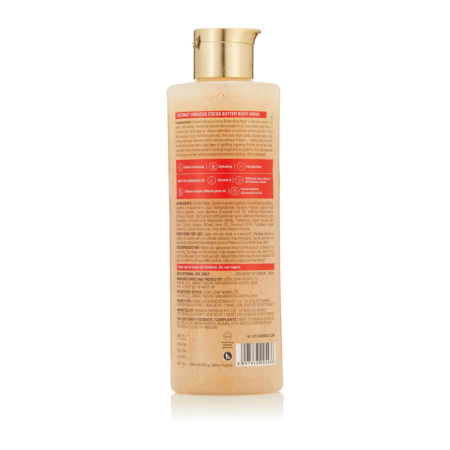 Fabessentials Coconut Hibiscus Cocoa Butter Exfoliating Body Wash - 250ml | Aloe Vera & Vitamin E Enriched | Gentle Cleansing & Hydrating Body Wash for Soft Skin | Deep Nourishing & Brightening Moisturizer | Perfect for Dry Skin & Daily Shower Routine