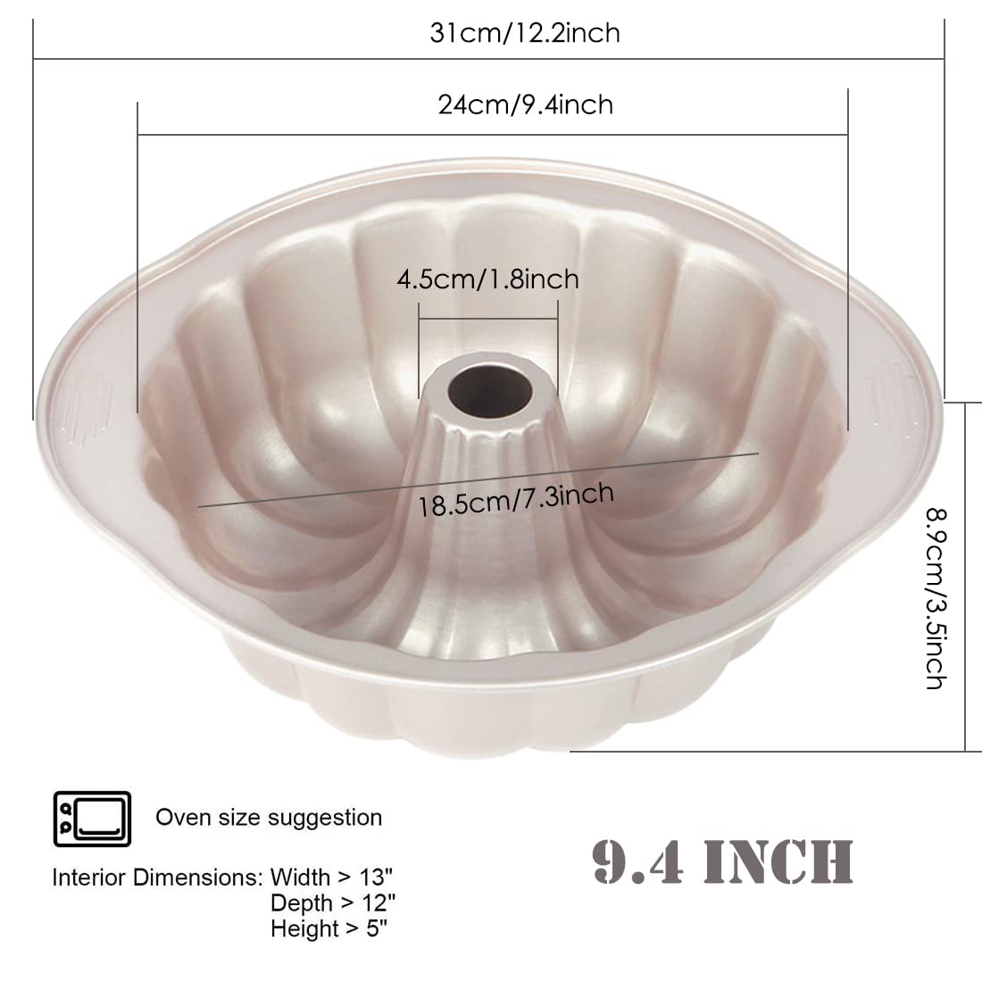 Nonstick 9-Inch Fluted Tube Cake Pan - Heavy Duty Carbon Steel Bundt Mold with Handles for Baking, Oven Safe Champagne Gold Bakeware - Perfect for Birthday Cakes, Holiday Desserts & Party Treats