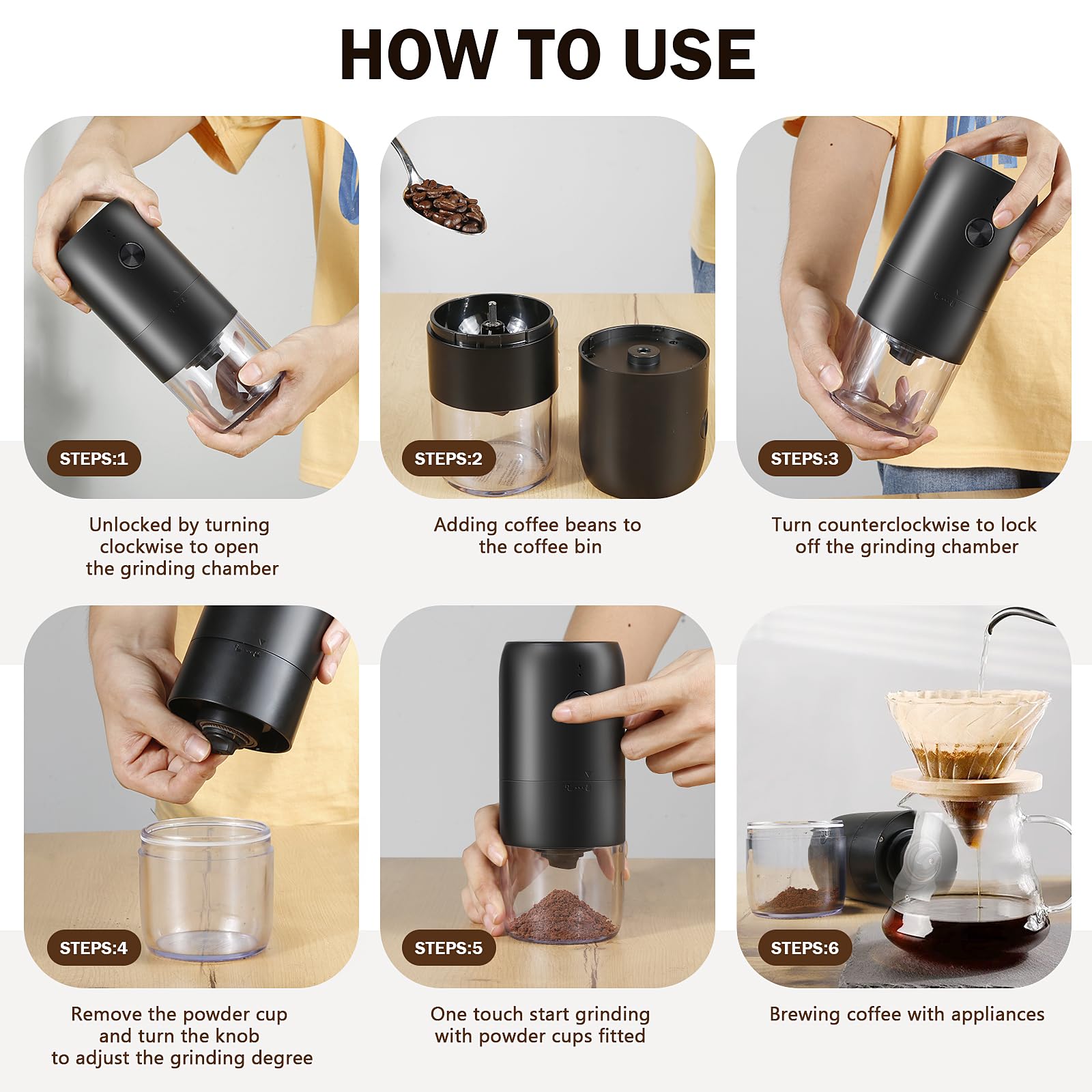 Weinsamkeit Electric Coffee Grinder - Portable USB Rechargeable Coffee Maker with Ceramic Conical Burr, Adjustable Grind Size, Key Start - Perfect for Home, Office & Travel Coffee Brewing