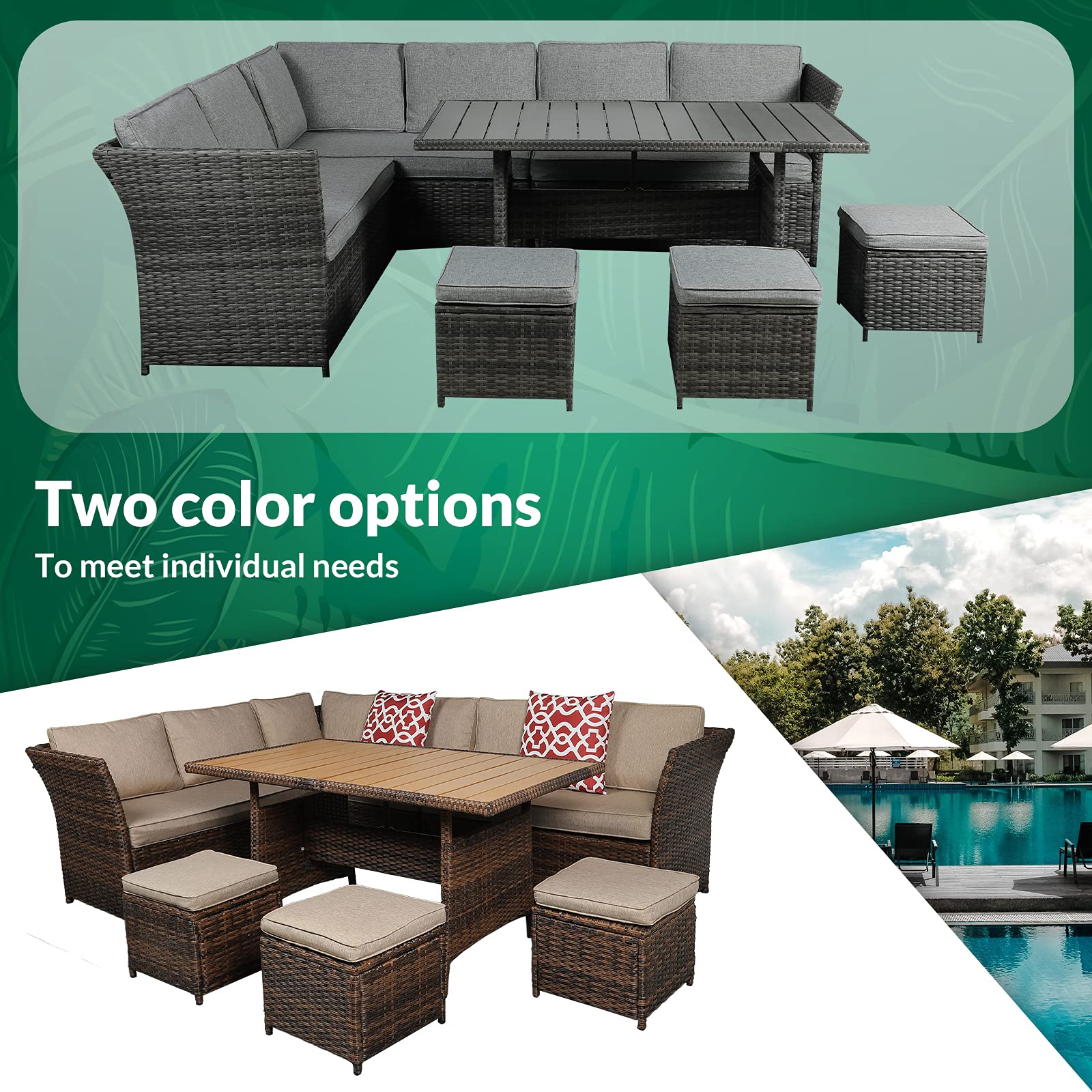 VIVIJASON 7-Piece All-Weather Wicker Patio Furniture Set - Outdoor Sectional Sofa with Ottoman, Garden Dining Table & Chairs, Brown Rattan Conversation Set for Backyard, Poolside & Terrace Relaxation