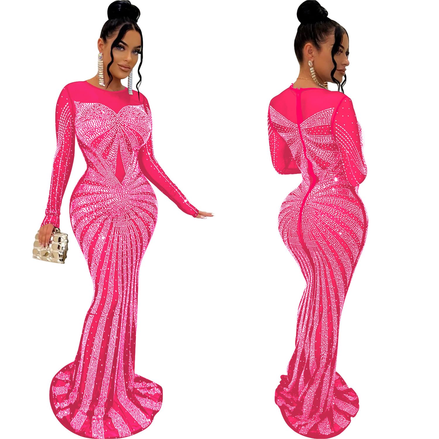Elegant Solid Diamond Embellished Crewneck Long Sleeve Maxi Dress for Women - Perfect for Celebrity Parties, Evening Galas & Formal Occasions