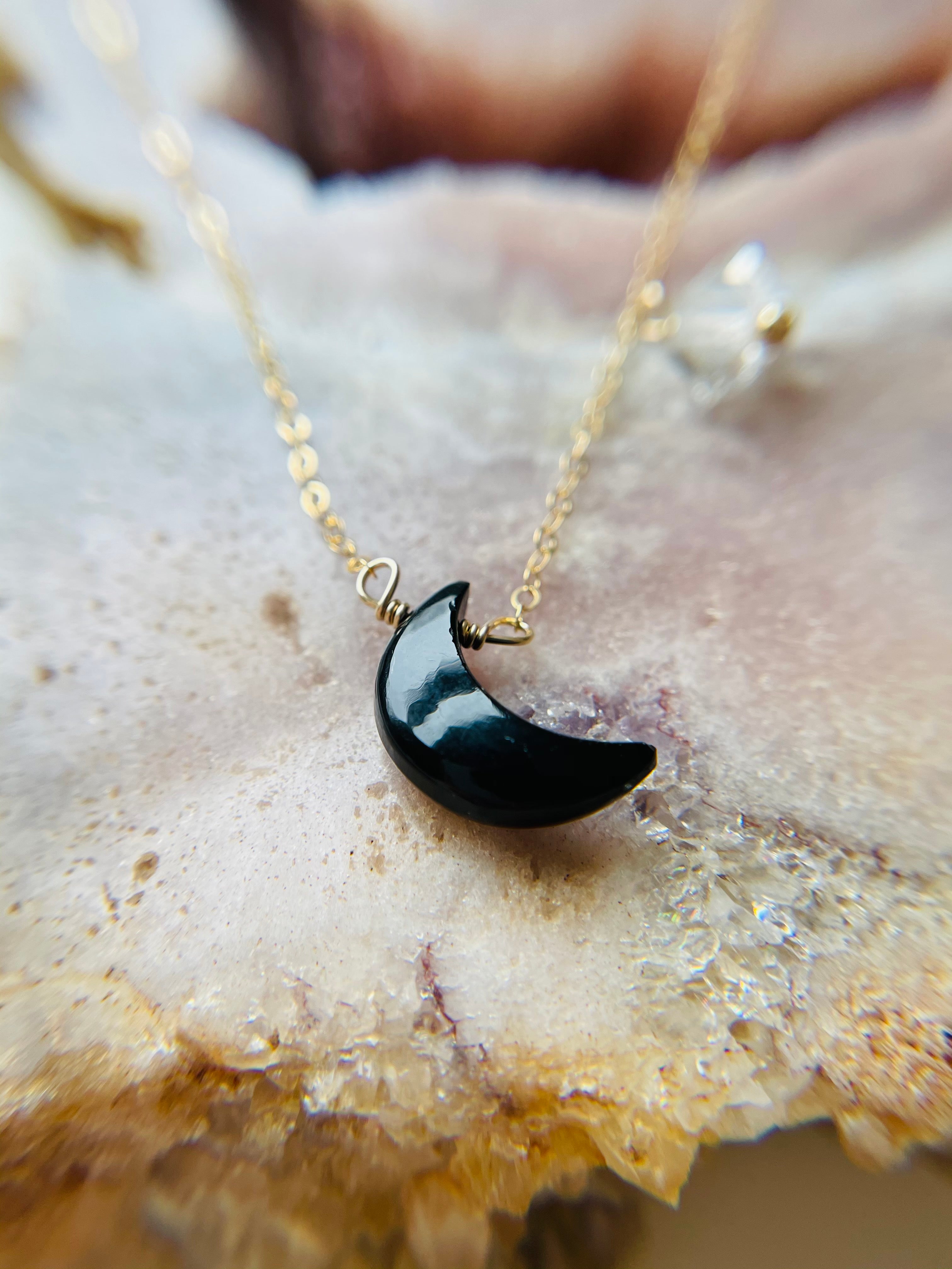 Black Onyx Crescent Moon Necklace with Herkimer Diamond Accent - 14K Gold Filled or Sterling Silver - Perfect for Boho Jewelry, Spiritual Healing & Everyday Elegance