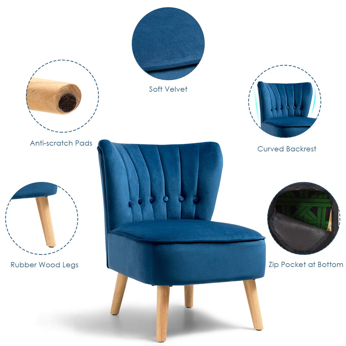 Giantex Modern Velvet Accent Chair with Wood Legs - Blue Upholstered Armless Wingback Club Chair, Thickly Padded Button Tufted Leisure Sofa for Living Room, Bedroom & Office - Perfect for Reading Nooks, Lounge Areas and Small Space Decor