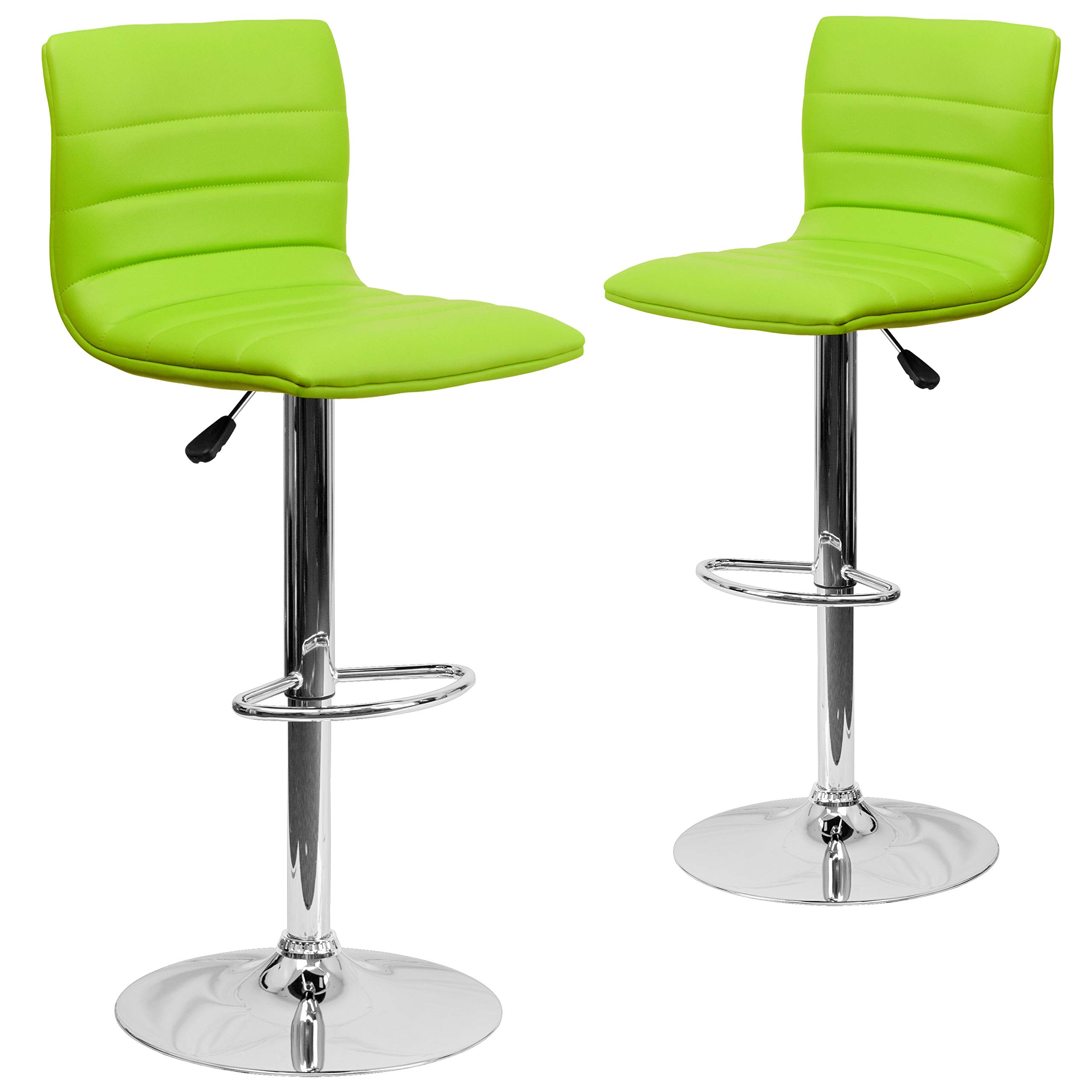 2 Pack Adjustable Height Green Vinyl Bar Stools with Horizontal Stitch Back - Perfect for Kitchen Island, Breakfast Nook & Home Bar Decor