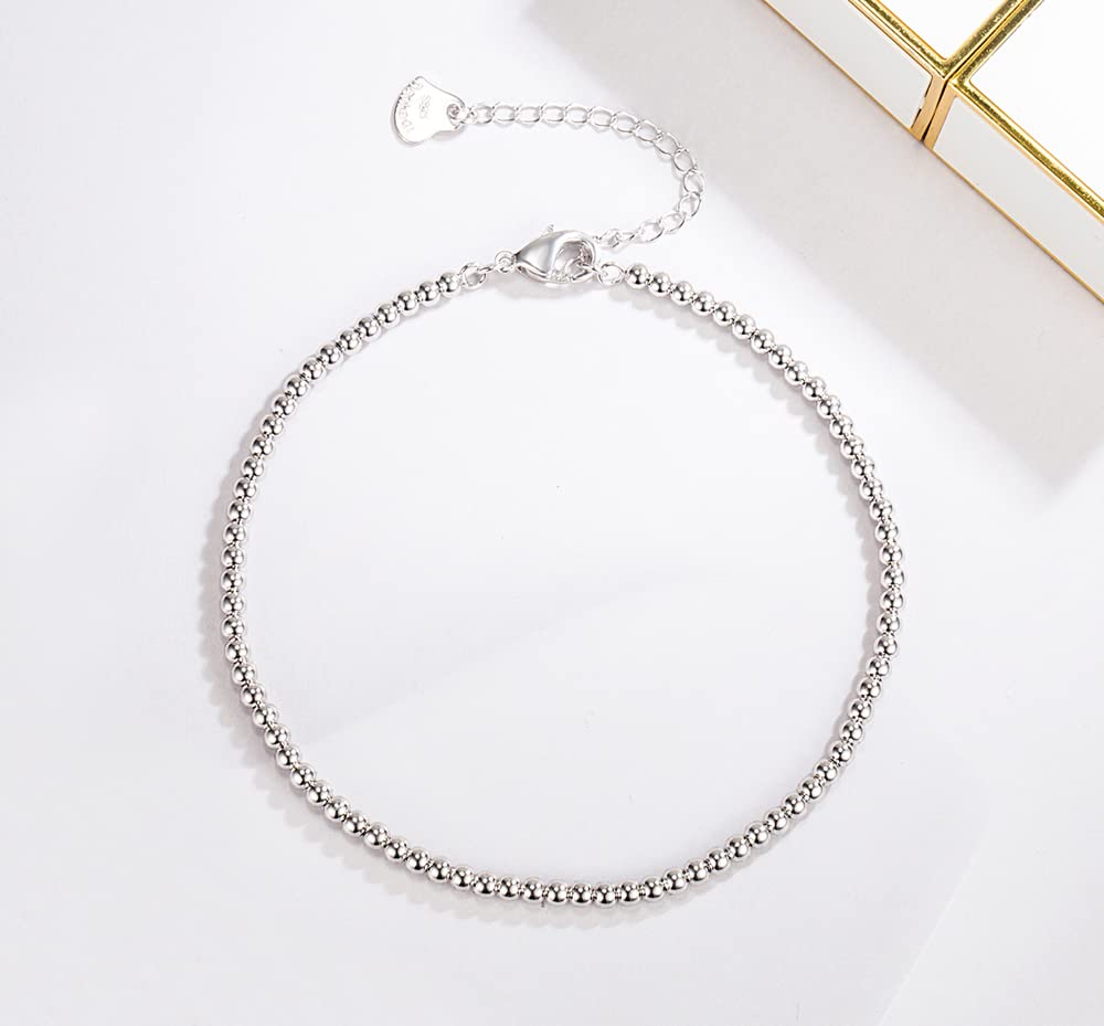 925 Sterling Silver 3MM Ball Bead Chain Anklet Bracelet for Women - Adjustable Dainty Ankle Jewelry - Perfect for Beach, Summer Outfits & Everyday Wear