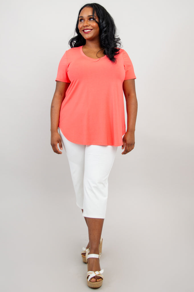 Jackie Women's Short Sleeve Summer Top - Coral Bamboo V-Neck Blouse for Casual Wear & Beach Outings