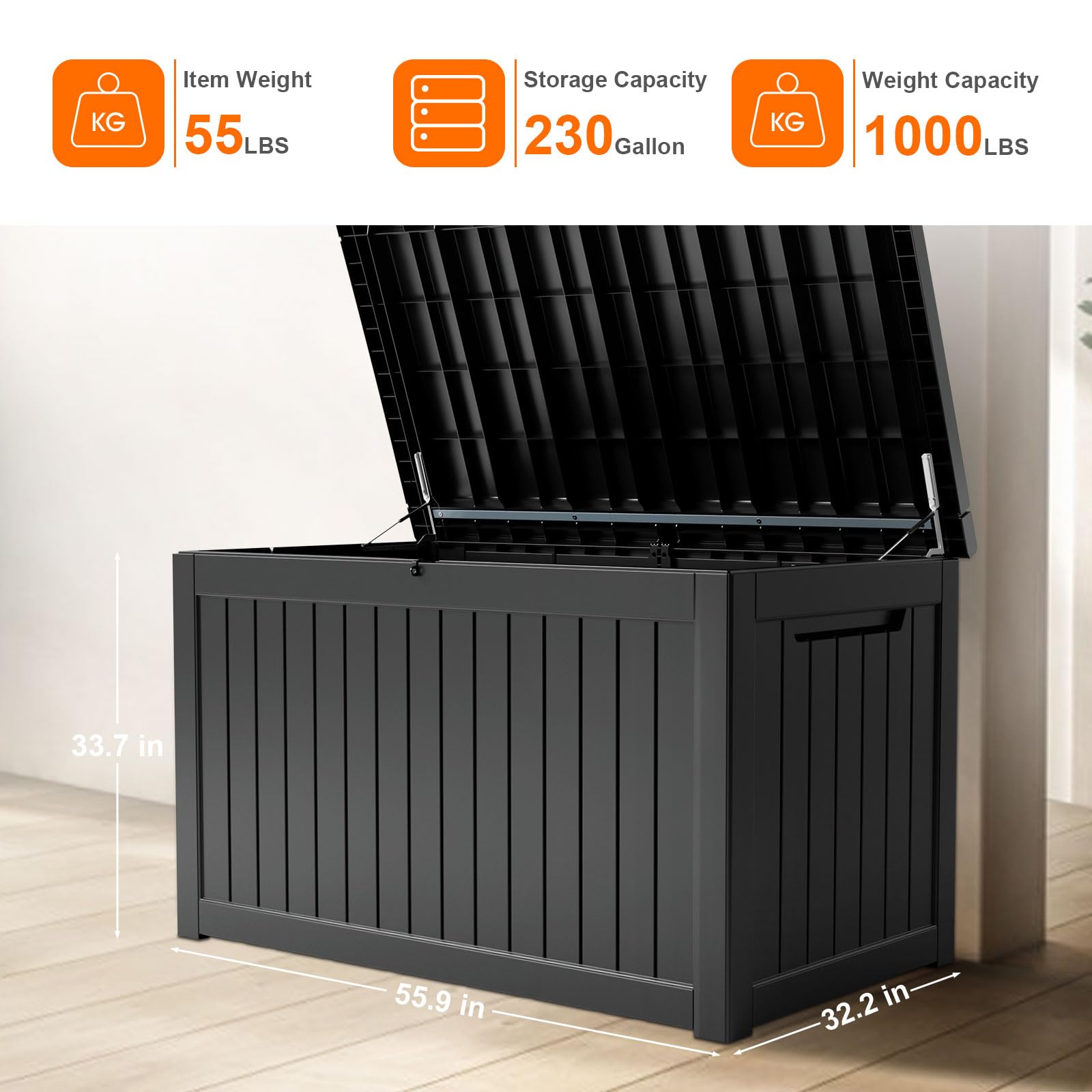 **230 Gallon XXL Large Resin Deck Box – Outdoor Lockable Storage for Patio Cushions, Pool Supplies & Garden Tools – Weatherproof & UV Resistant – Perfect for Backyard, Poolside & Garden Organization (Black)**