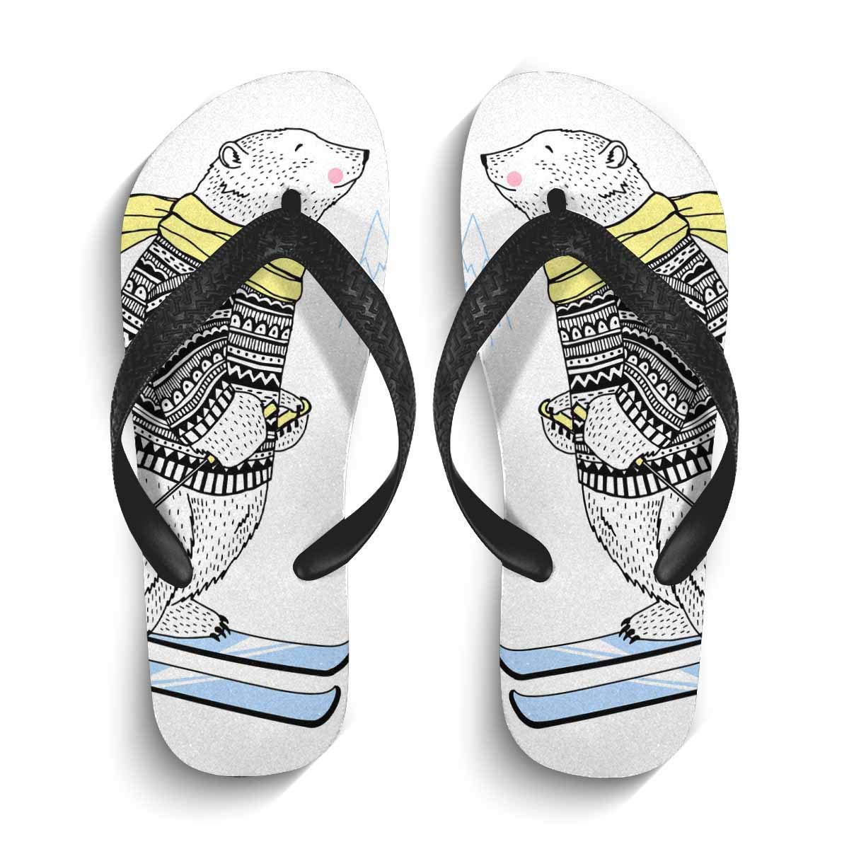 INTERESTPRINT Men's Non-Slip Flip Flops - Polar Bear Ski Design Comfortable Beach Sandals for Summer, Pool, and Outdoor Activities
