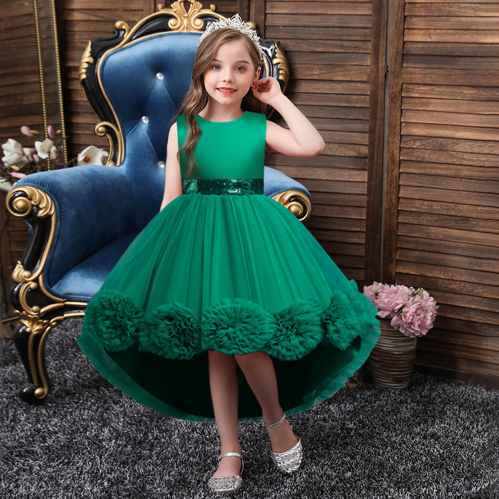 Elegant Princess Flower Girl Dress with Floral Embellishments - Tea Length Lace Party Gown for Weddings, Baptisms & Special Occasions