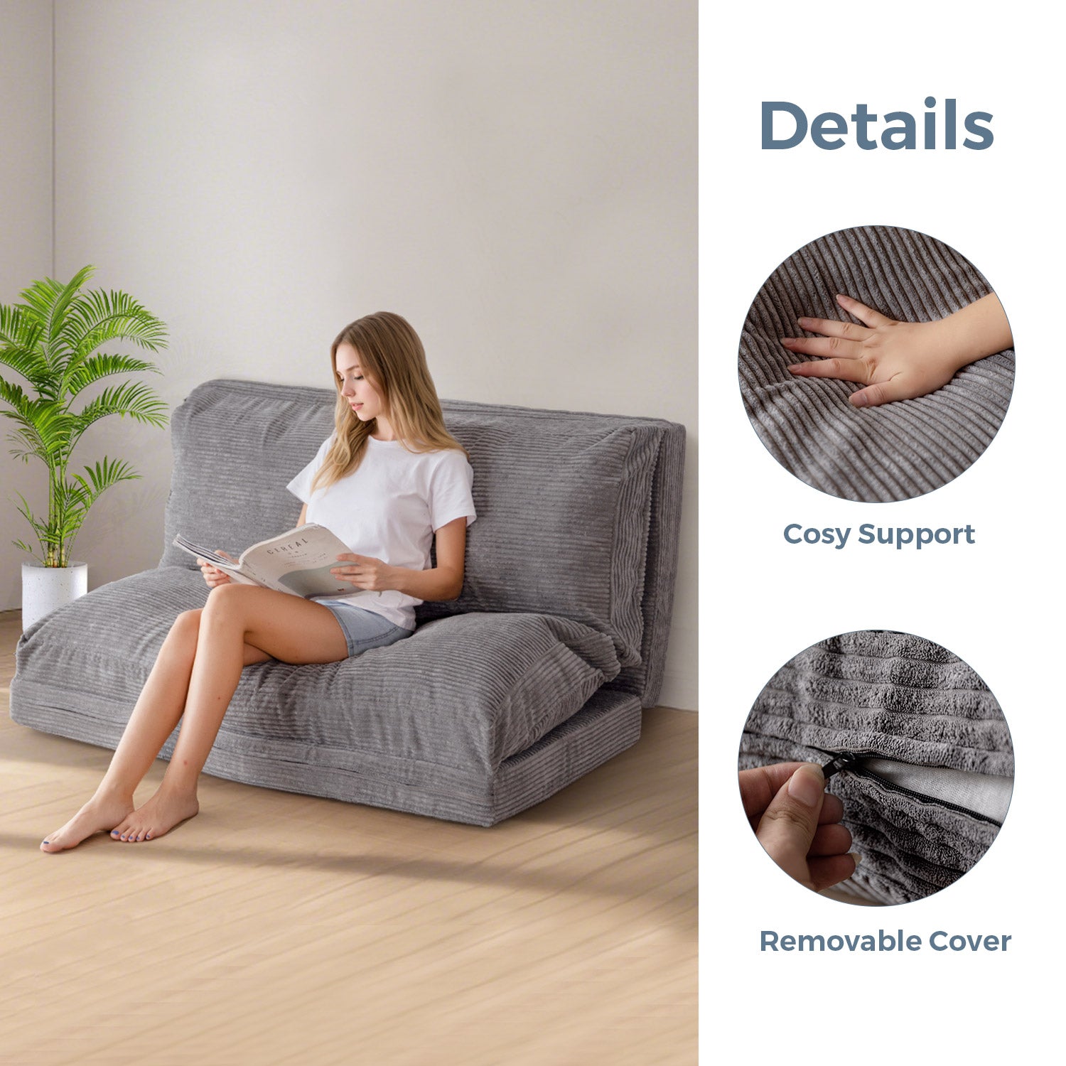 MAXYOYO Foldable Corduroy Bean Bag Sofa Bed with Washable Cover - Perfect for Living Room Lounging, Dorm Room Comfort & Kids Play Area