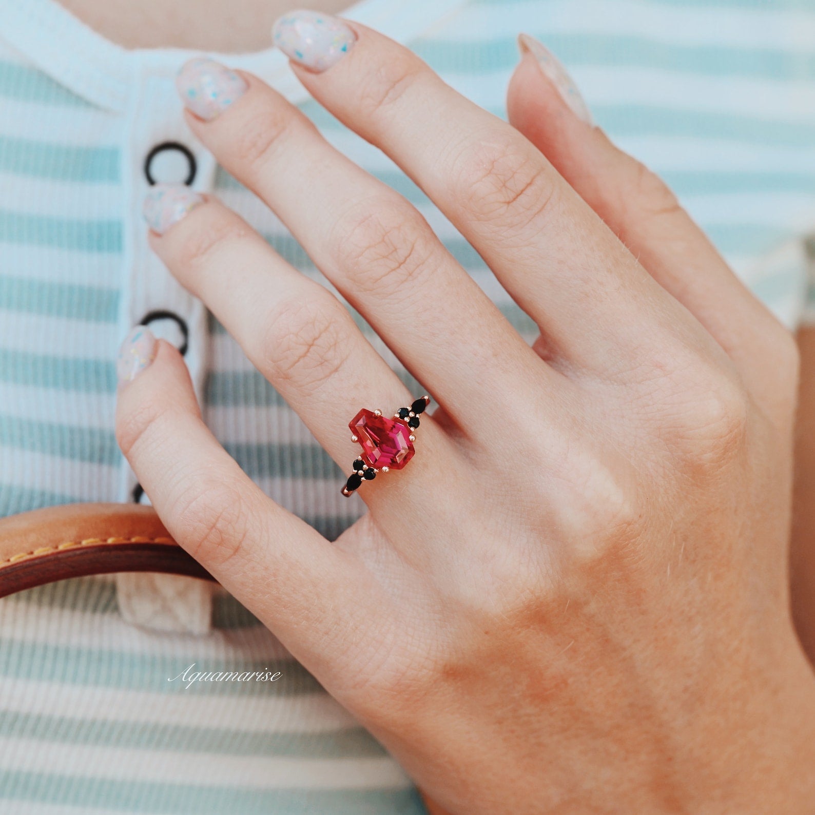 14K Rose Gold Vermeil Coffin Cut Ruby & Black Onyx Ring - Elegant Gothic Jewelry for Women, Perfect for Halloween, Dark Wedding & Alternative Fashion