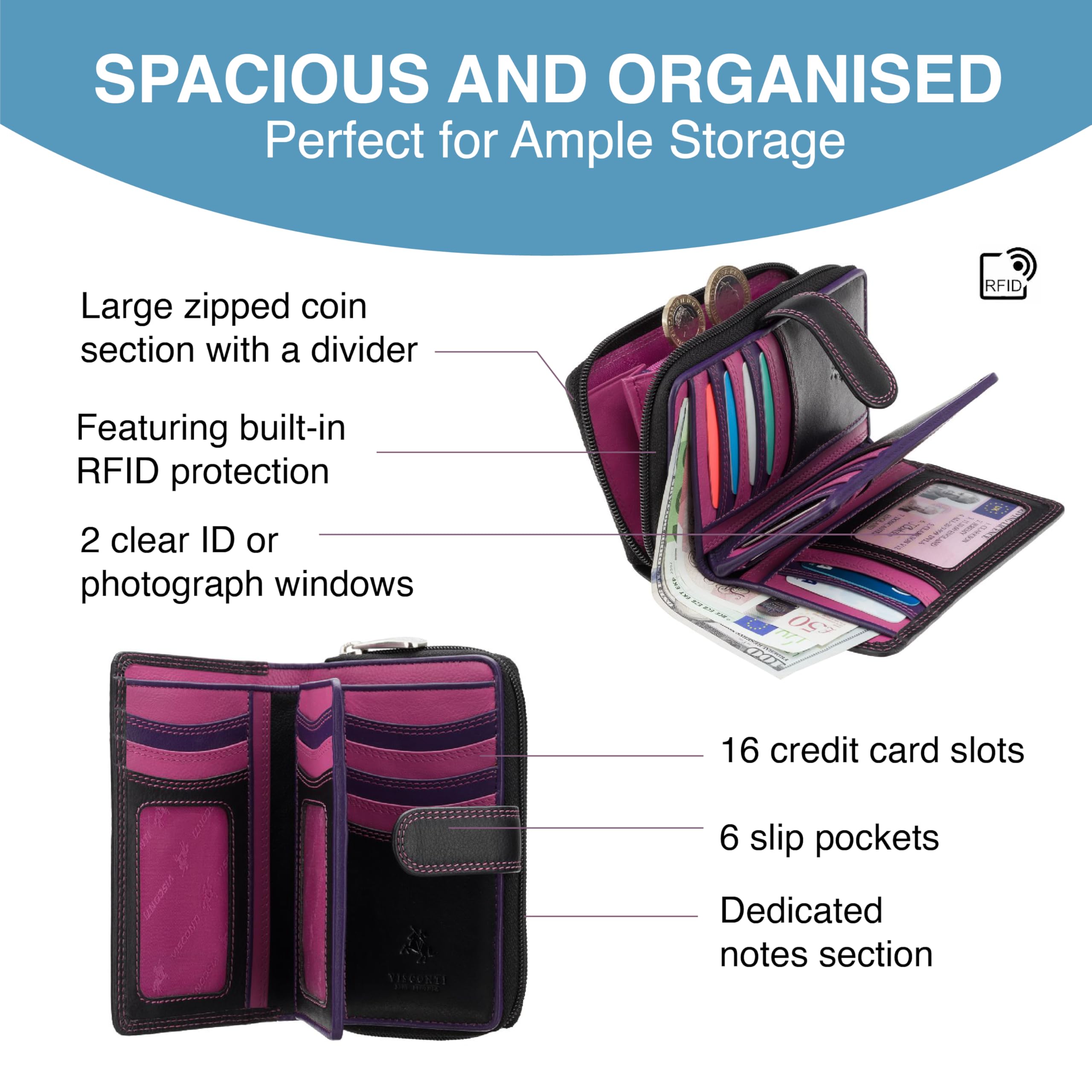 VISCONTI Women's Soft Leather Berry Multi Wallet - RFID Blocking Card Holder with 16 Slots, 2 ID Windows & 6 Pockets - Perfect Gift for Women in Elegant Rio Gift Box (Ideal for Work, Travel & Everyday Use)