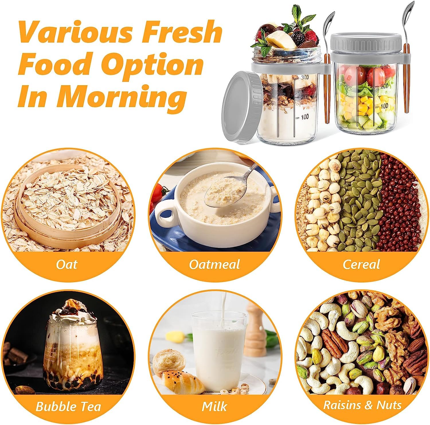 WHISKET 300ml Overnight Oats Jar with Lid & Spoon - BPA-Free Meal Prep Container for Oats, Yogurt, Milk, Fruit & Salad - Includes Measurement Marks (Grey/Blue) - Perfect for Breakfast, Office Lunch & Healthy Snacks On-The-Go