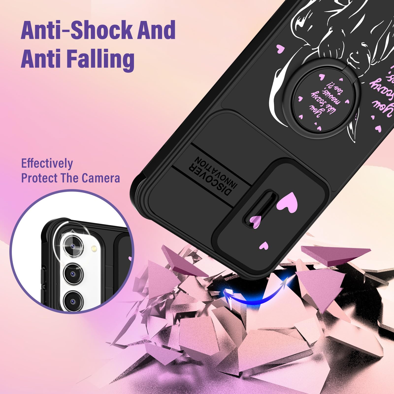 Cute Cartoon Samsung Galaxy S23 Case for Women - Shockproof Protective Phone Cover with Camera Cover & Ring Stand | Girly Heart Skull Design | Perfect for Daily Use, Work & Travel