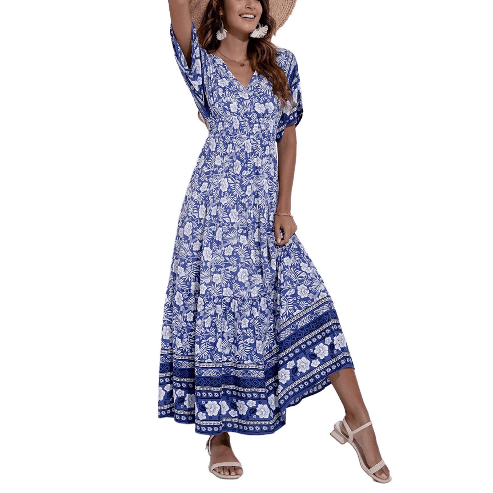 Bohemian Floral Maxi Dress for Women - V Neck Short Sleeve Summer Beach Dress, Tiered Boho Long Dress for Casual Wear & Vacation | Perfect for Beach Parties, Music Festivals and Summer Getaways