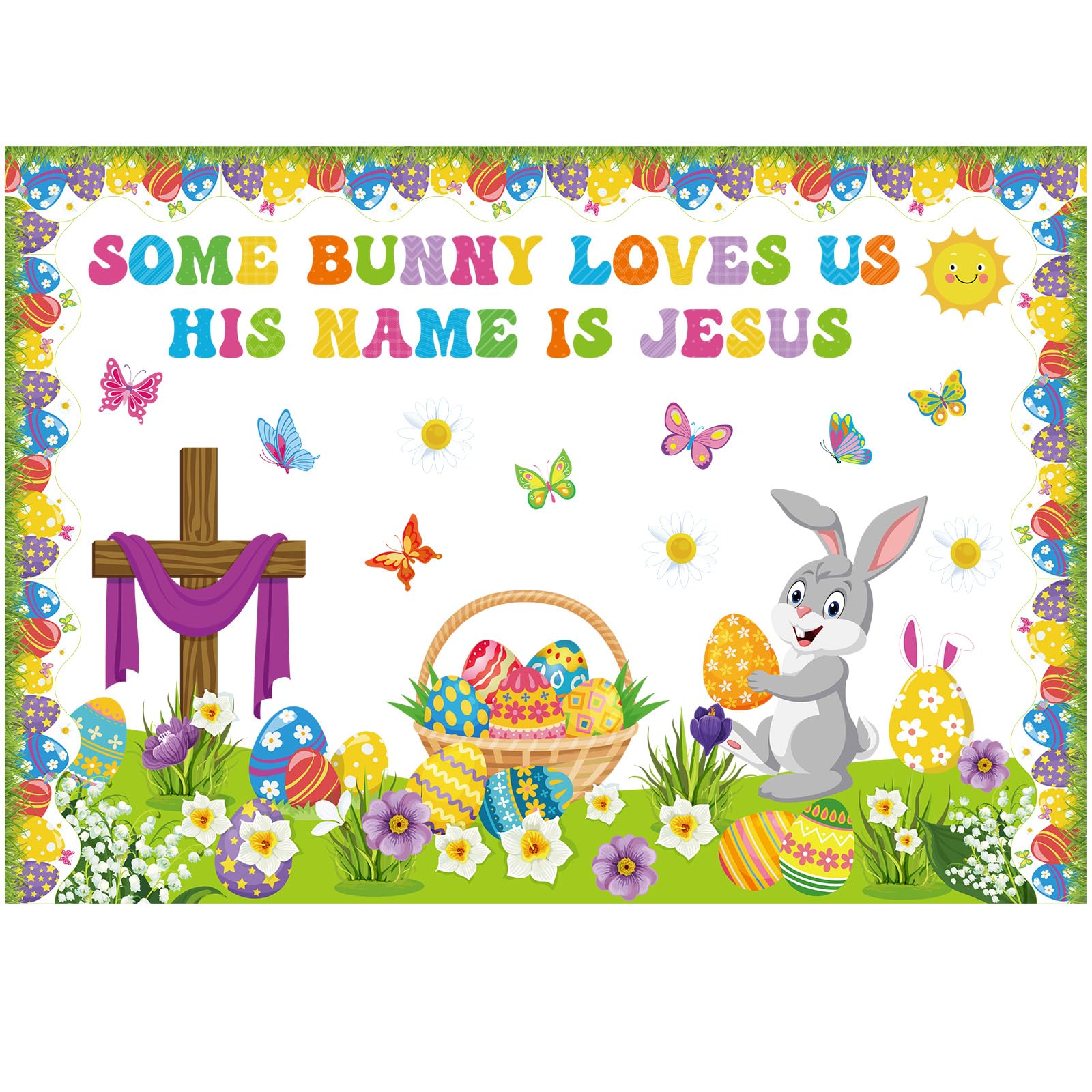 Pasimy Easter Bulletin Board Decorations Set - Christian Easter Classroom Decor with Bunny & Egg Cutouts - Spring Party Supplies for School, Nursery, Easter & Birthday Celebrations (Cross Design) - Perfect for Sunday School, Church Events & Spring Classroom Displays